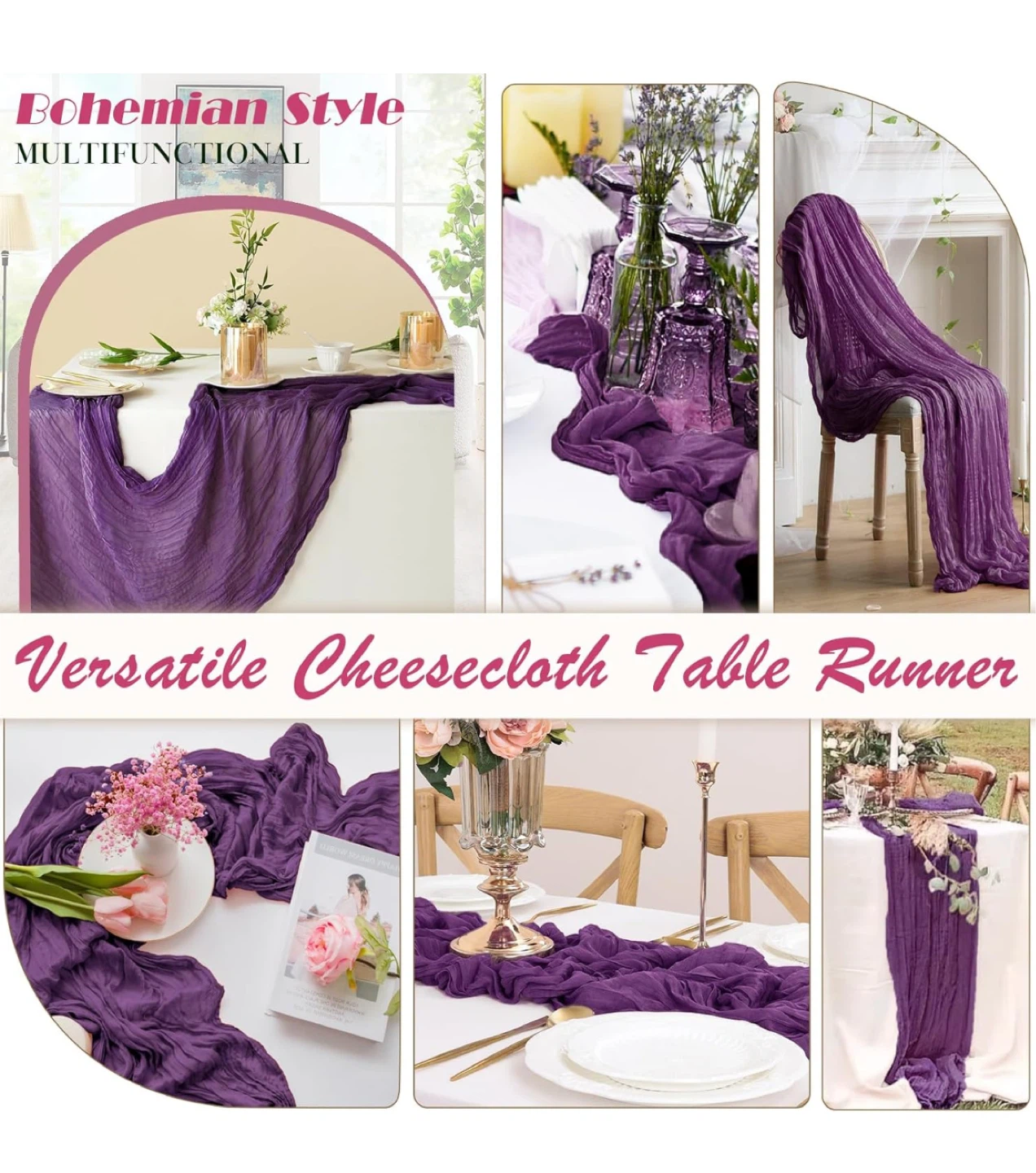 6 Pcs Plum Purple Cheesecloth Table Runner - photo 5