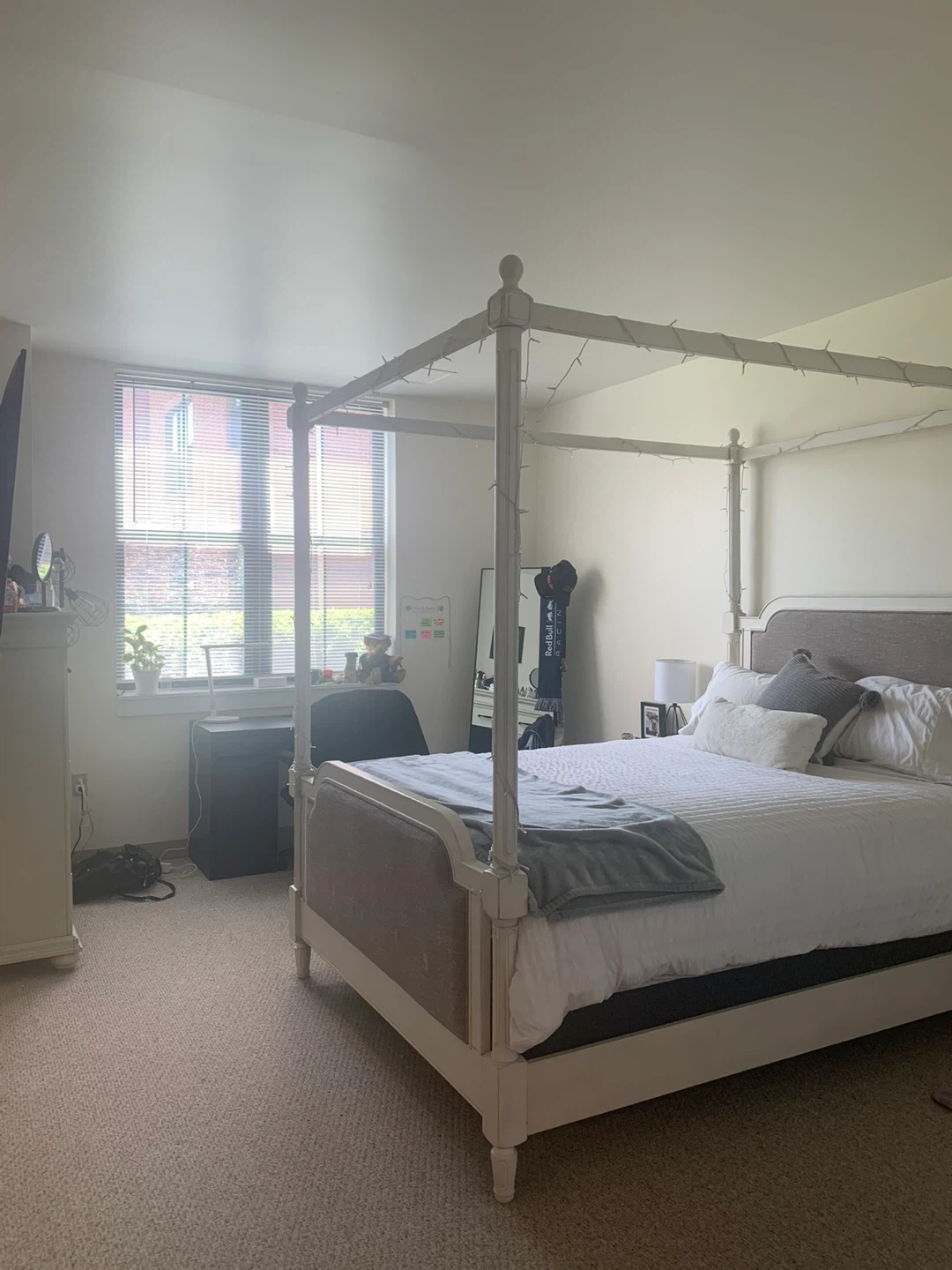 White Canopy Bed Frame with Upholstered Headboard