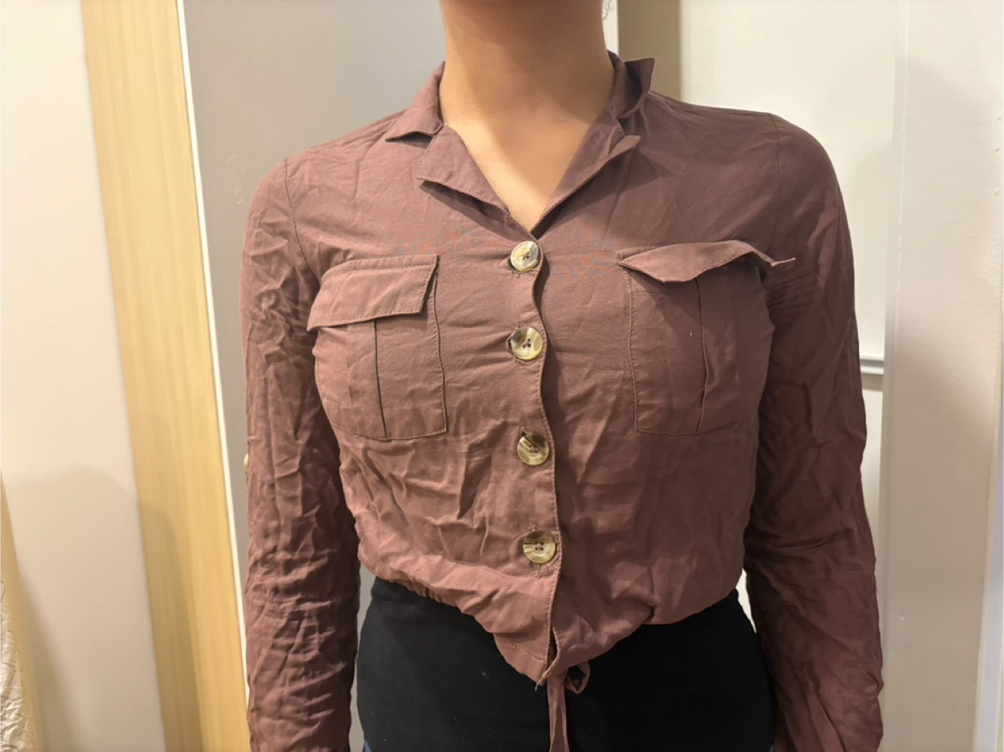 Women’s Casual Brown Cropped Button-Up Shirt Beautiful Buttons