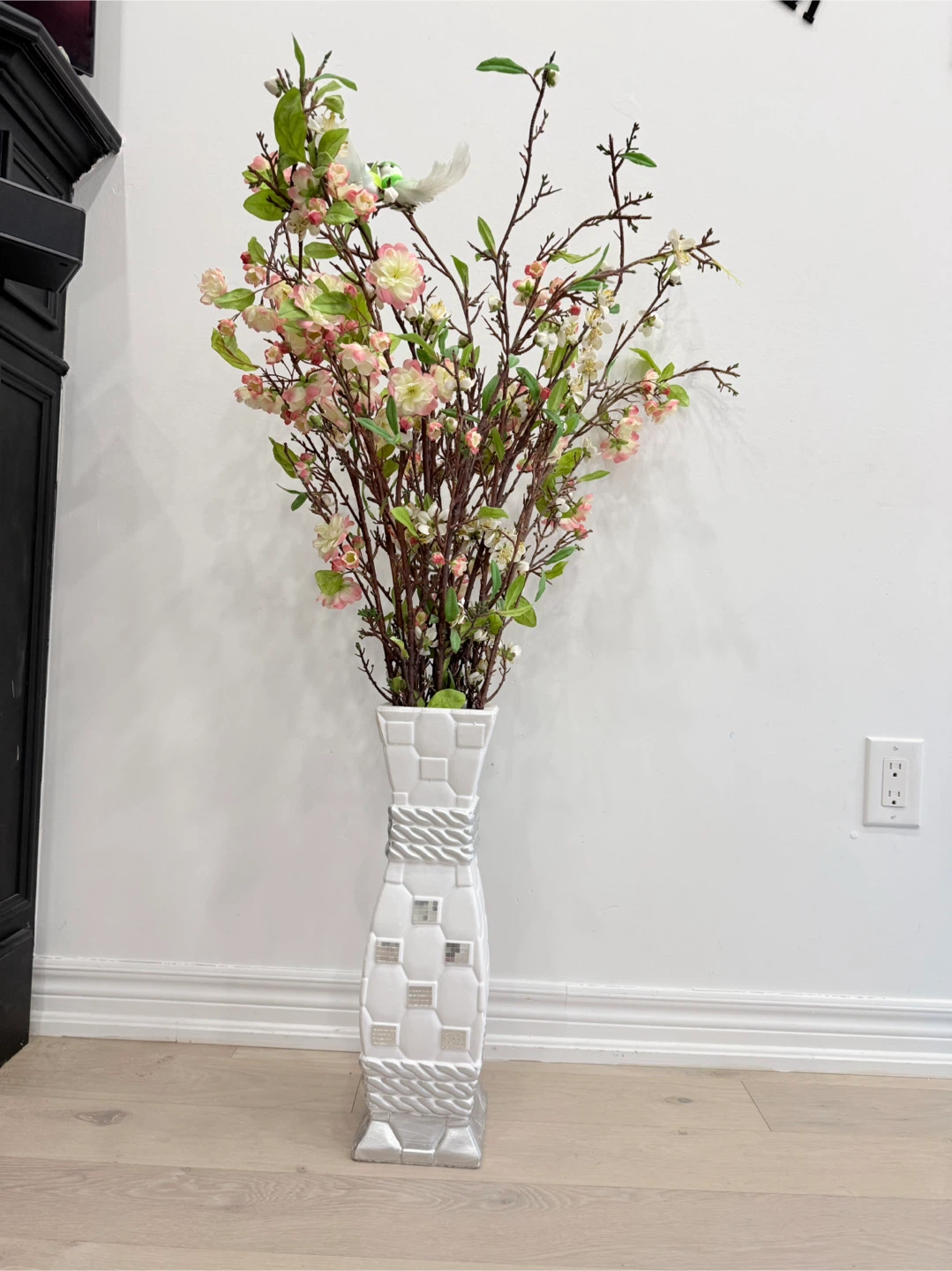 Decorative White and Silver Vase with Artificial Flowers