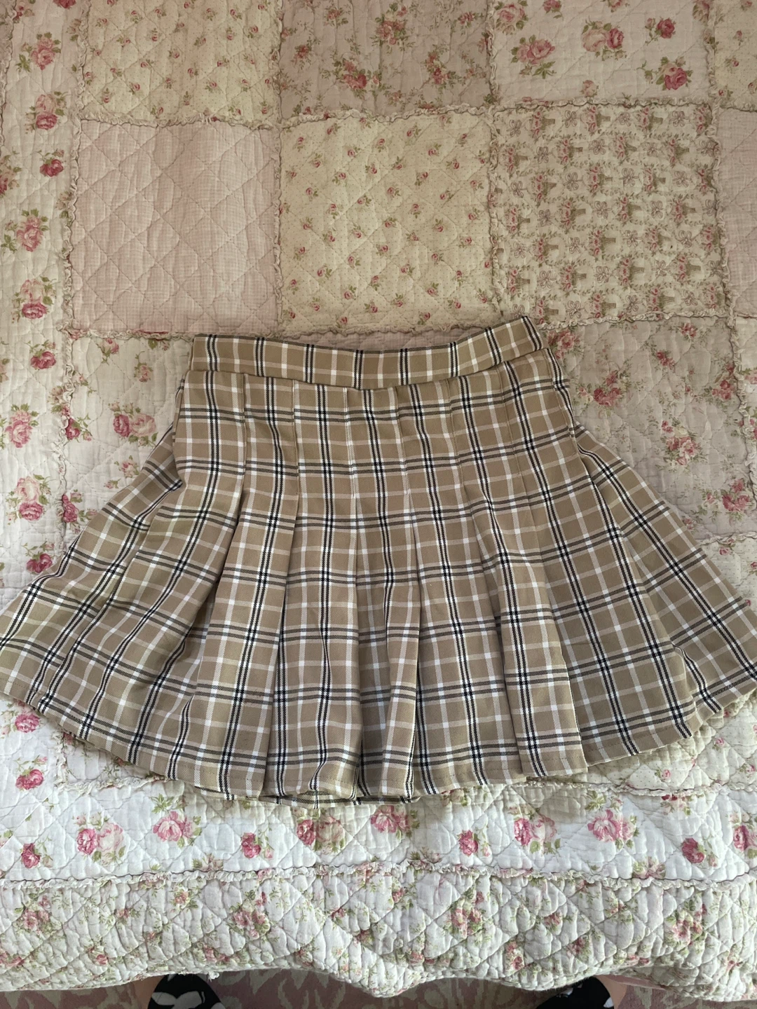 Tan Plaid Pleated Mini Skirt