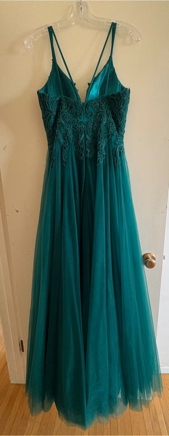 Teal Lace Detail Tulle Evening Gown - photo 3