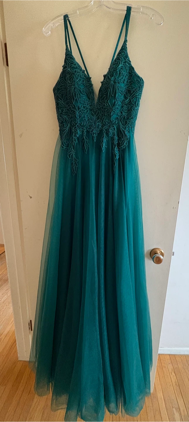 Teal Lace Detail Tulle Evening Gown - photo 4