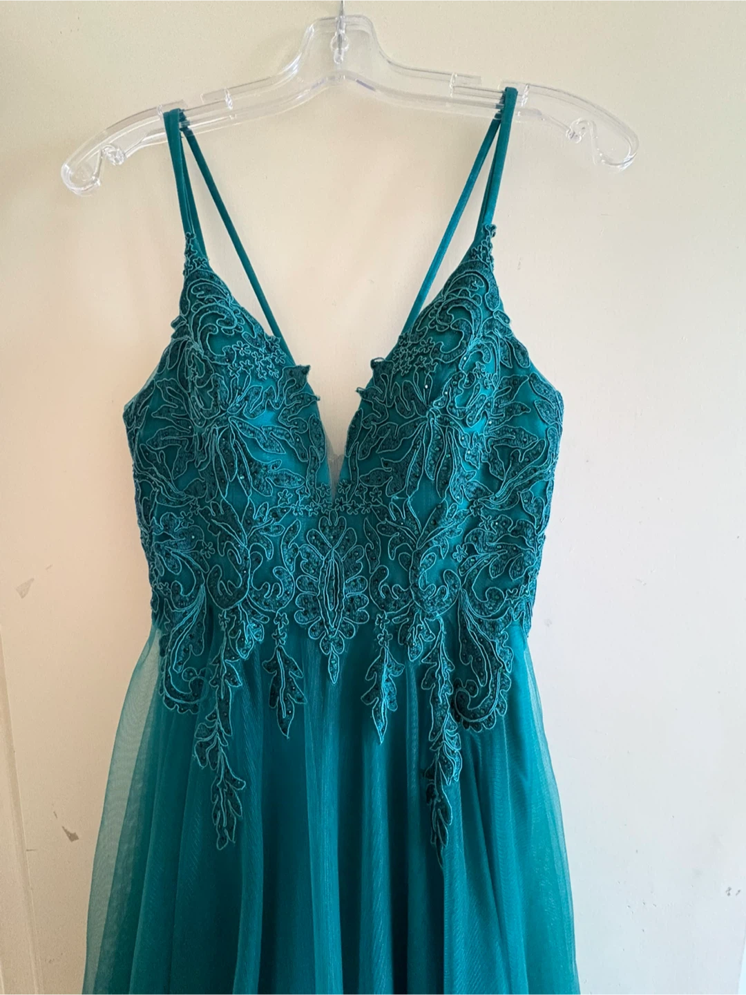 Teal Lace Detail Tulle Evening Gown