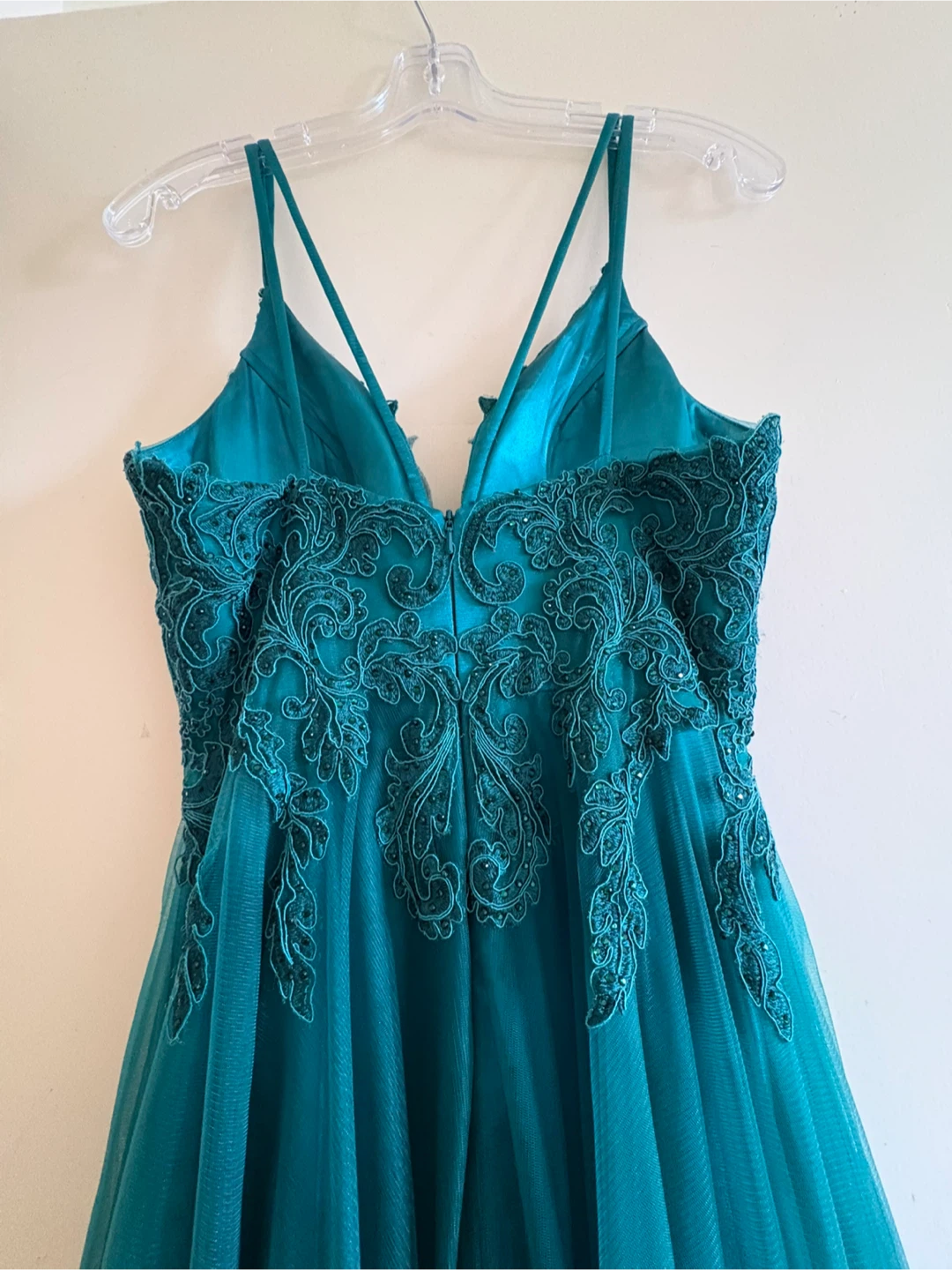 Teal Lace Detail Tulle Evening Gown - photo 2
