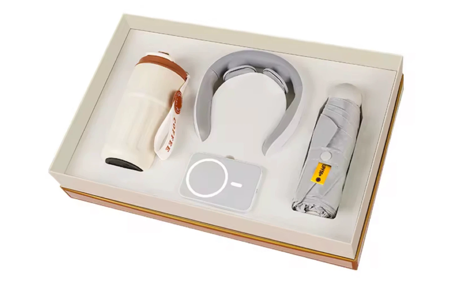 Gift Set: Travel Mug, Neck Massager, Umbrella, Wireless Charger