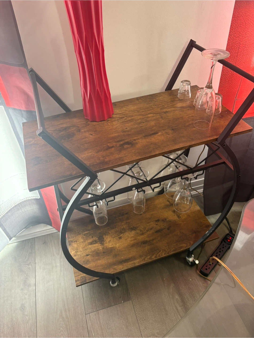 Wood and Metal Bar Cart with Wine Glass Rack - photo 3