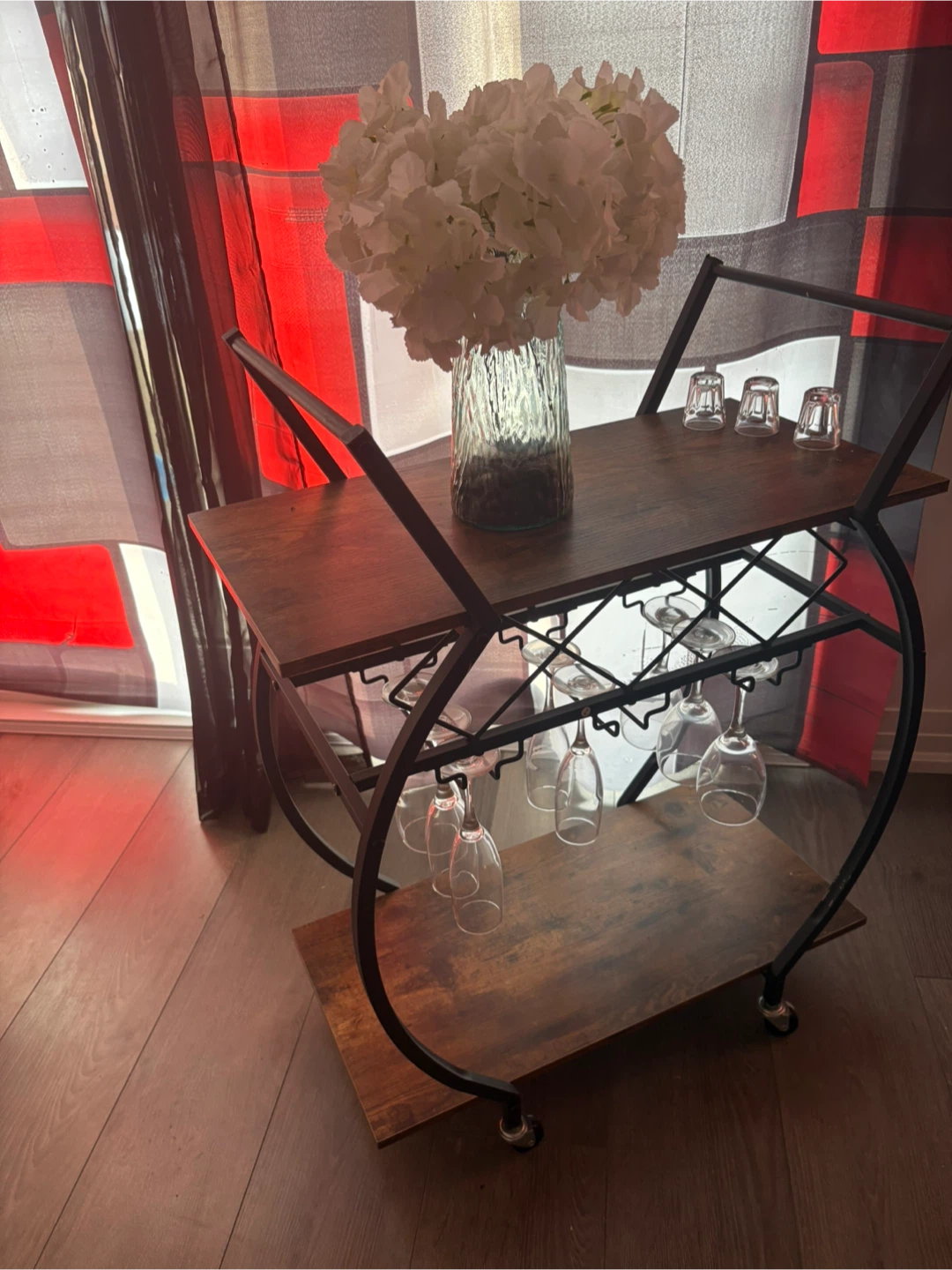 Wood and Metal Bar Cart with Wine Glass Rack