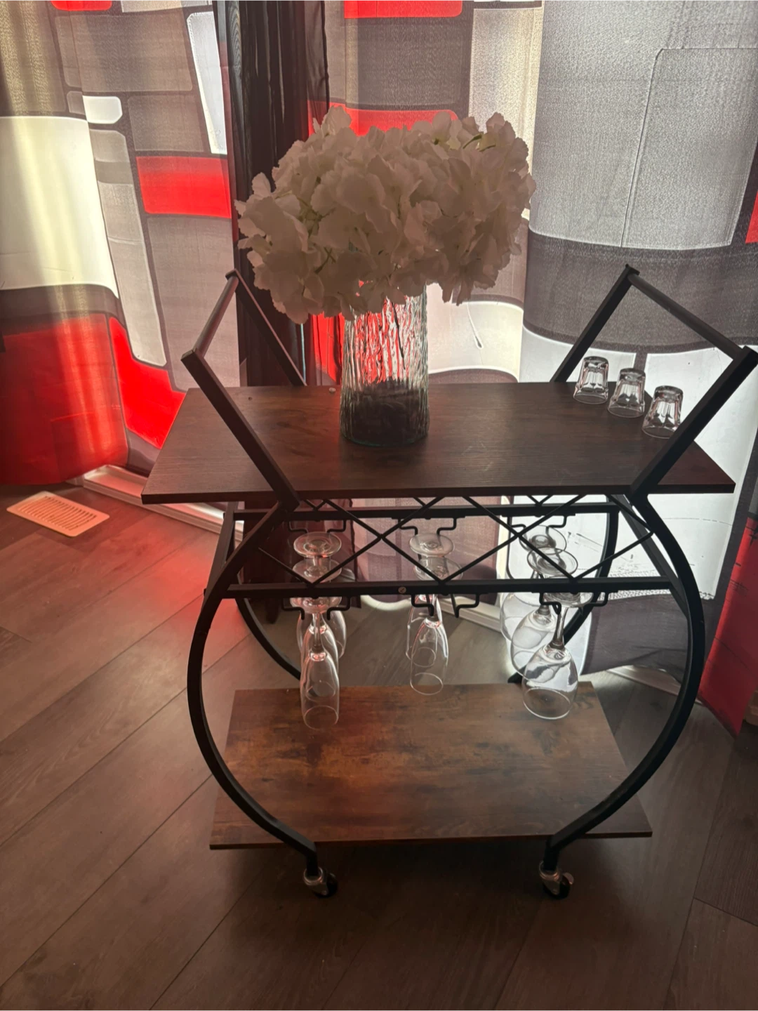 Wood and Metal Bar Cart with Wine Glass Rack - photo 2