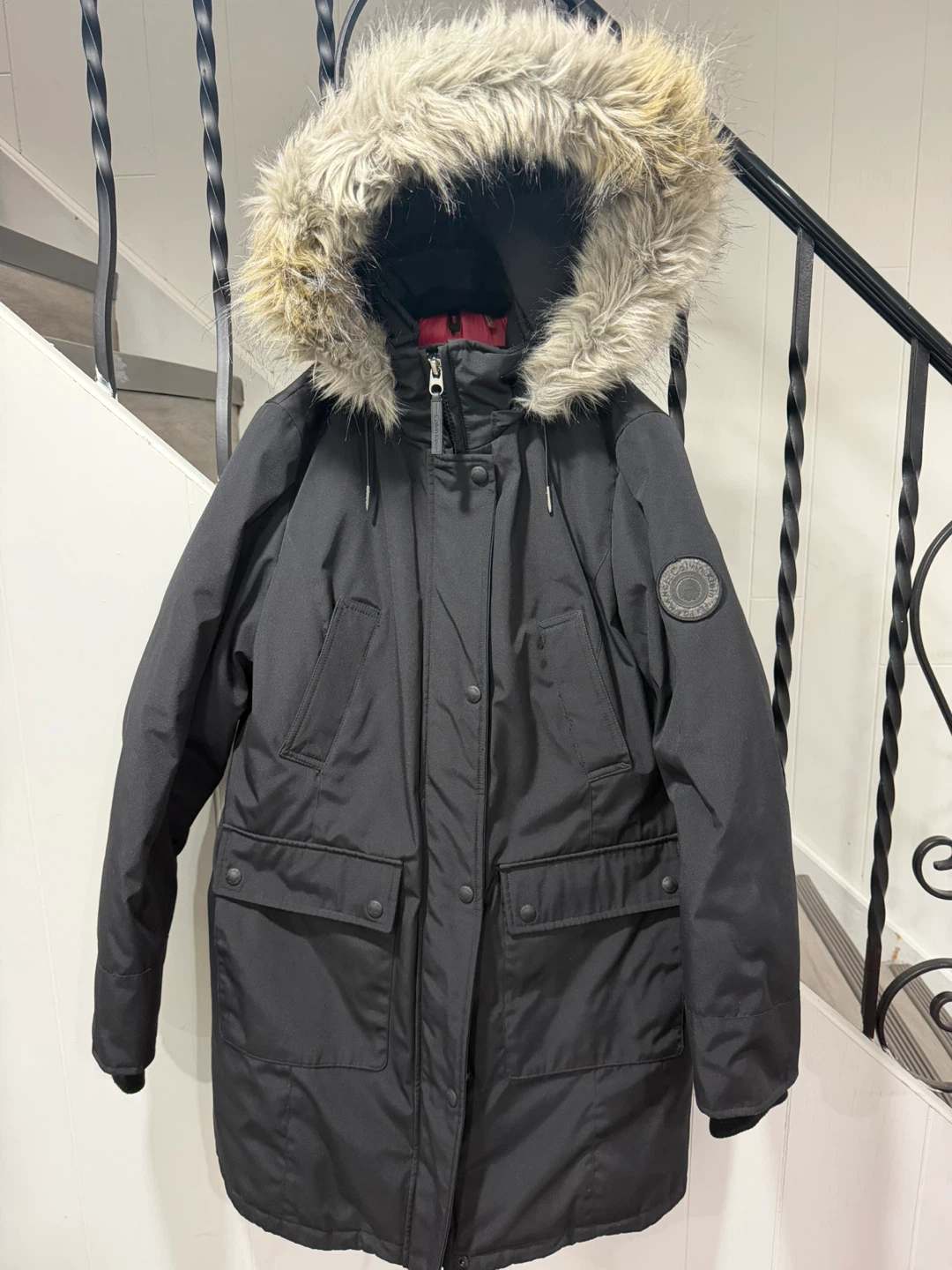 Calvin Klein Black Parka Jacket with Fur Trim Hood