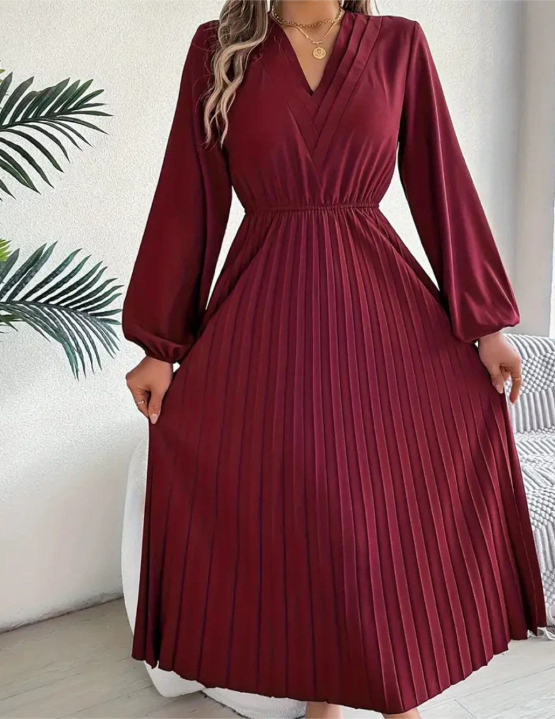 Burgundy V Neck Dress