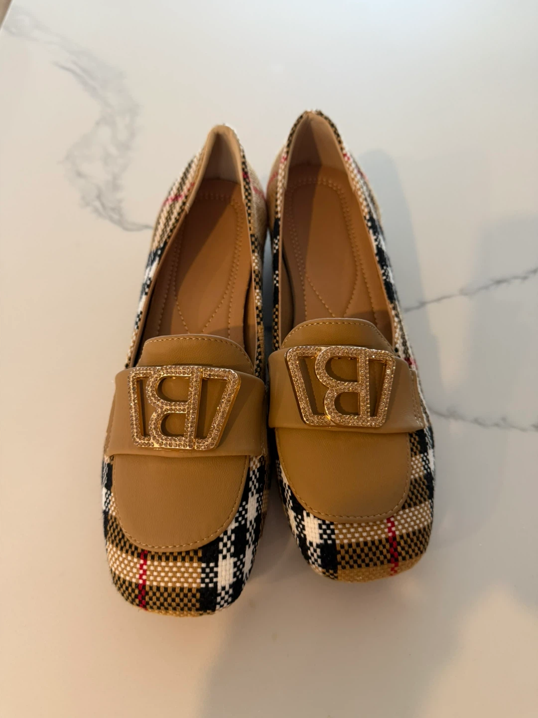 Women's Loafers - Plaid & Tan with 'B' Embellishment