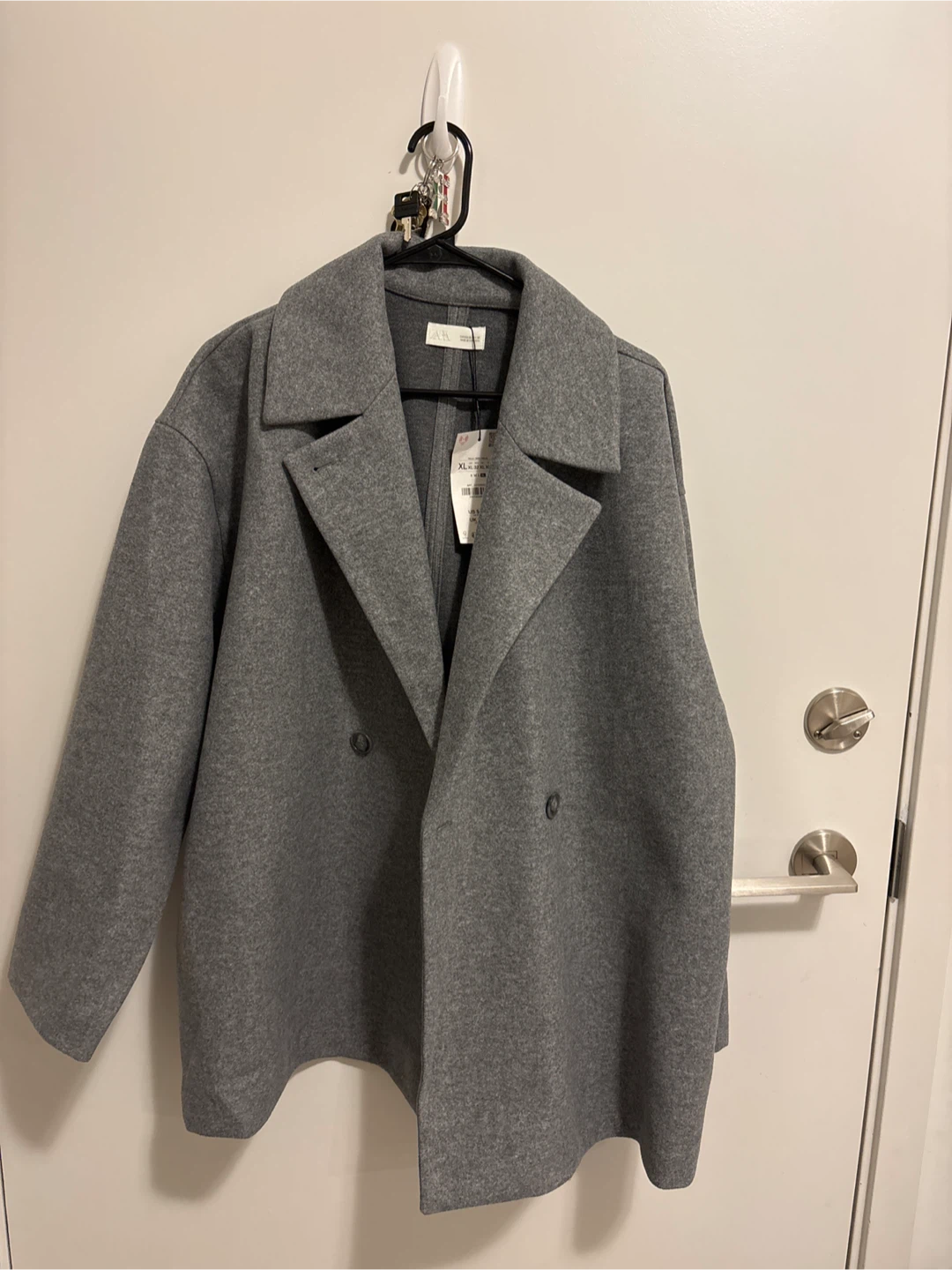 ZARA Grey Double-Breasted Wool Blend Peacoat - XL