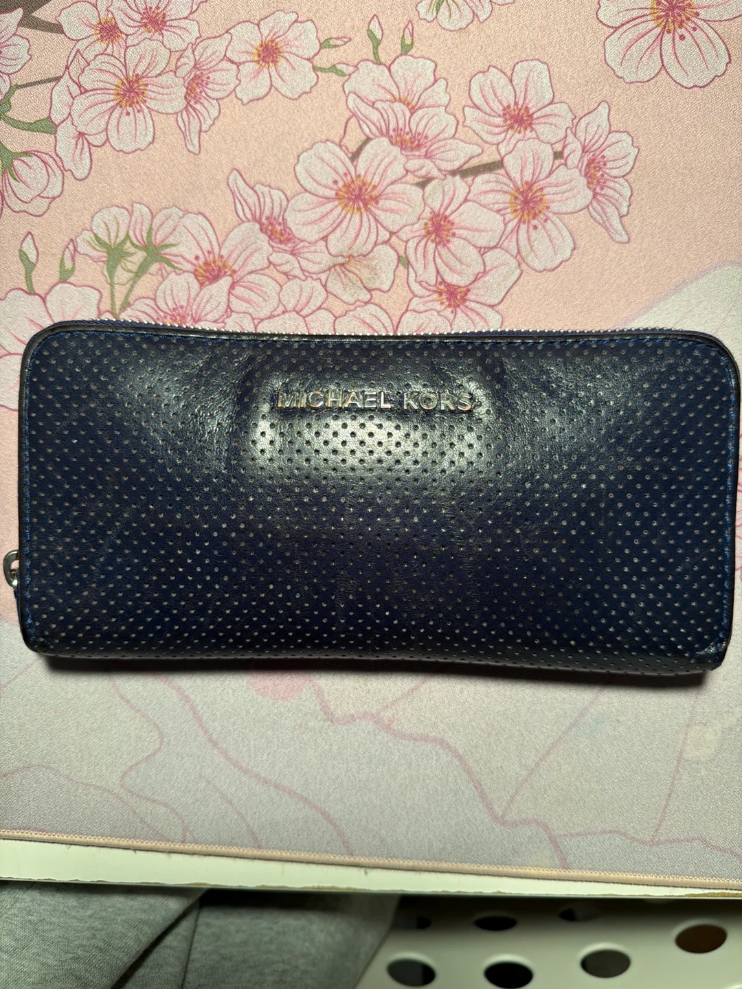 Michael Kors Navy Perforated Leather Zip Around Wallet