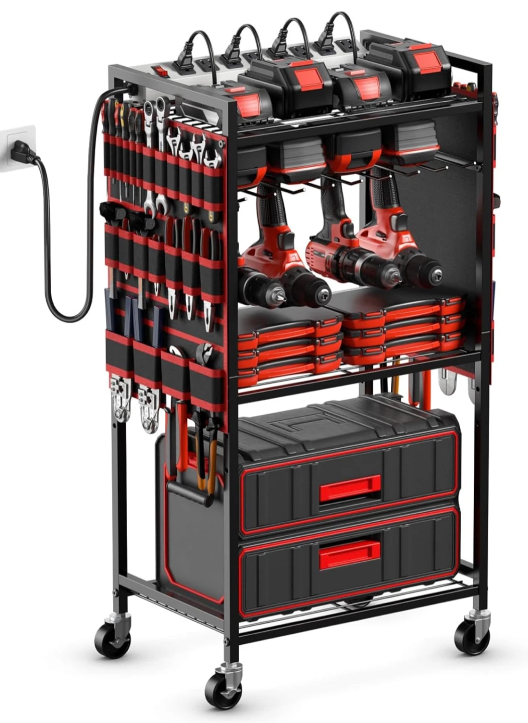 JUNNUJ Heavy Duty Power Tool Organizer Cart w/ Charging Station