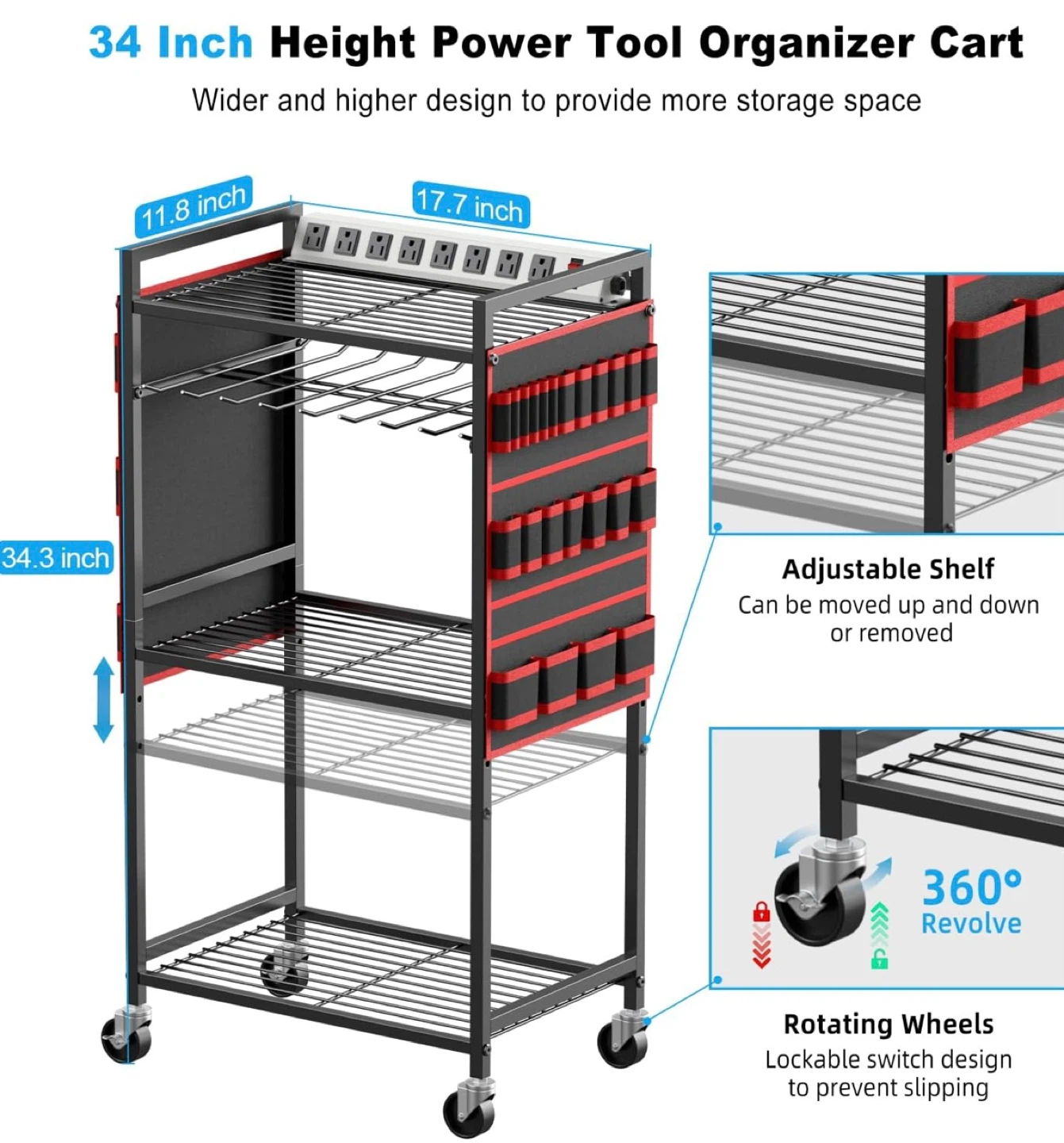 JUNNUJ Heavy Duty Power Tool Organizer Cart w/ Charging Station - photo 2