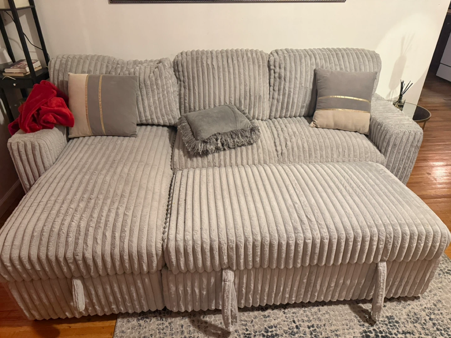 Light Gray Corduroy Sectional Sofa with Pull-Out Bed