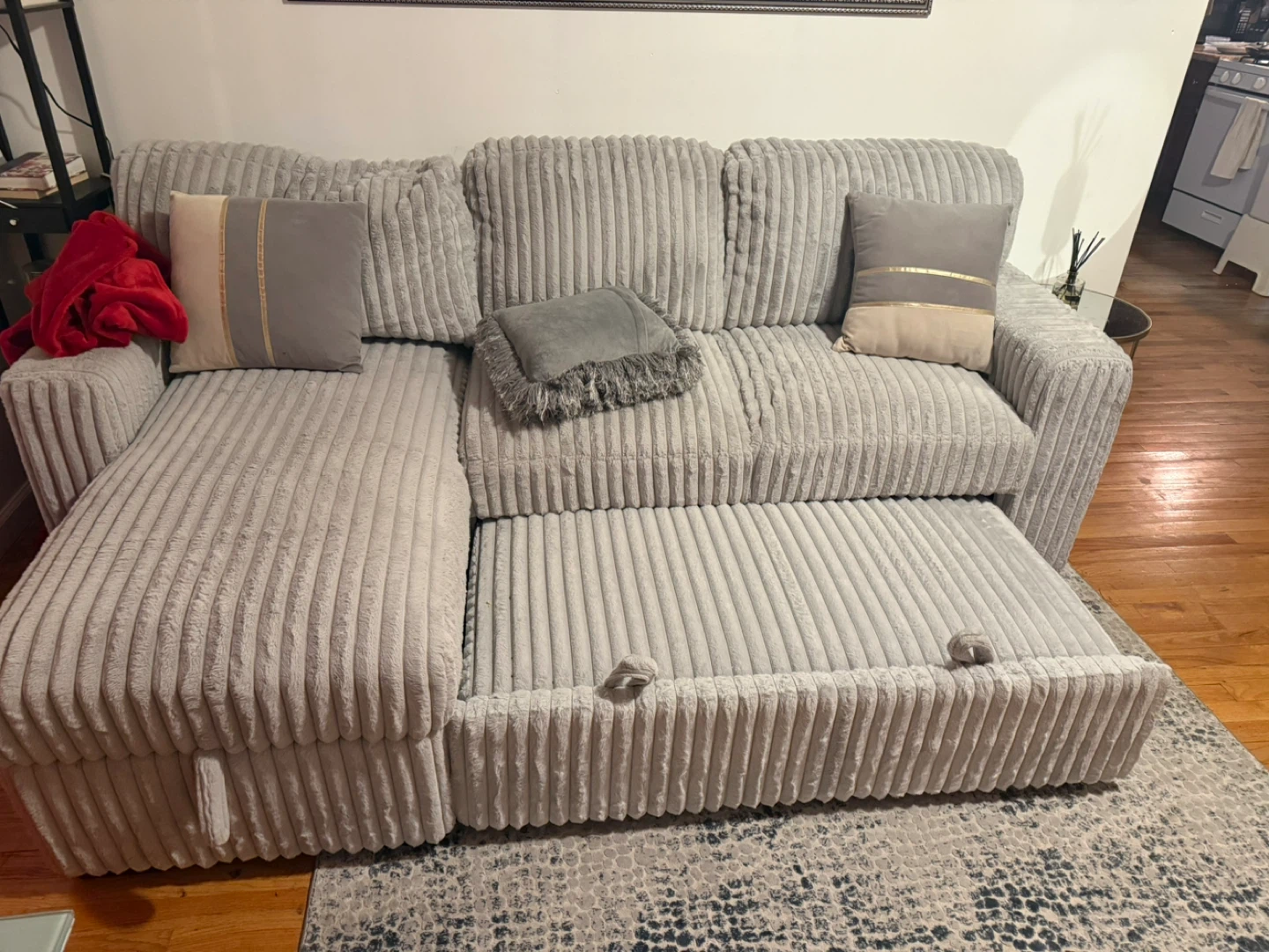 Light Gray Corduroy Sectional Sofa with Pull-Out Bed - photo 2