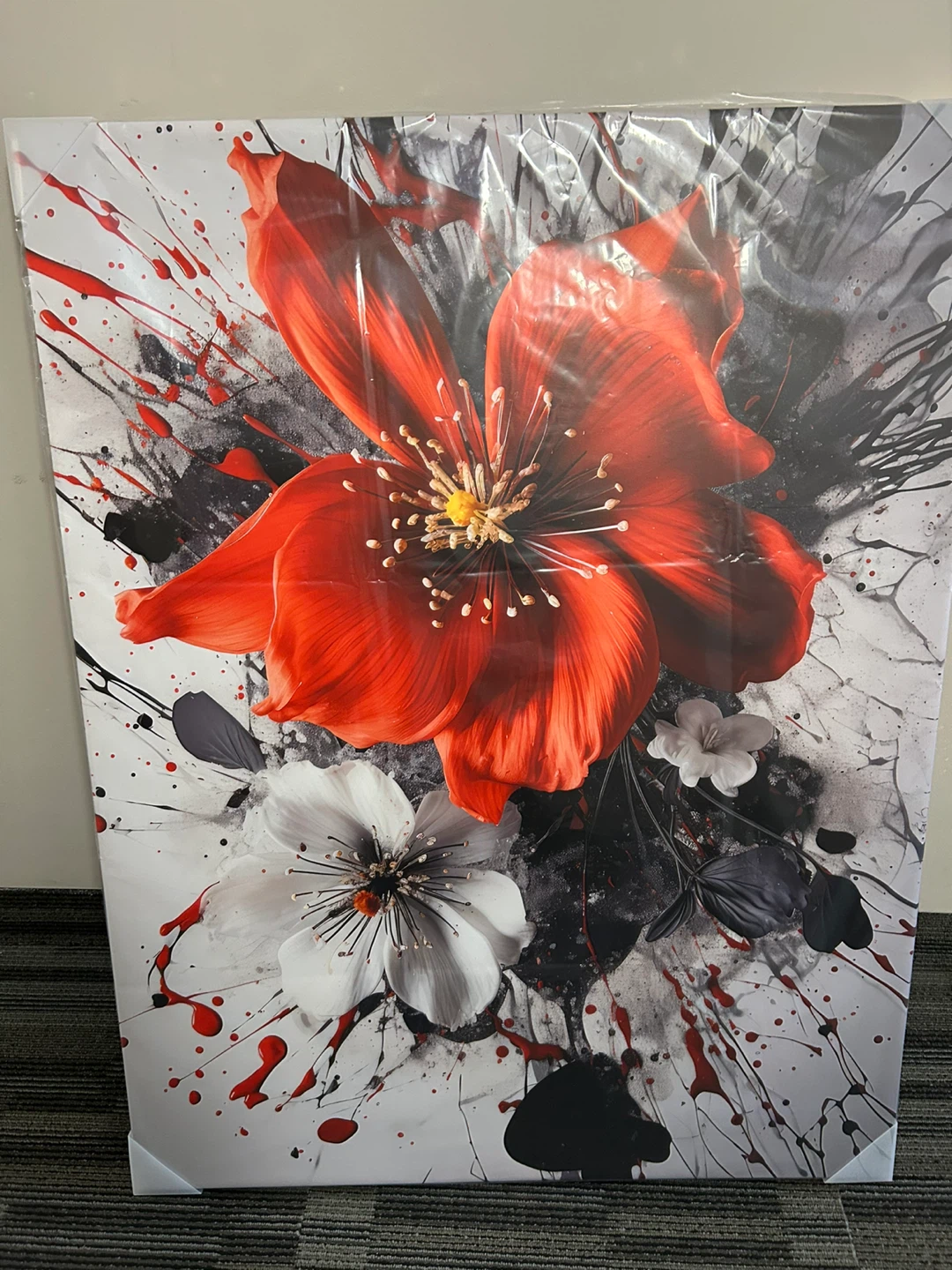 Large 44” Floral - BOLD Red & White Splash Canvas Wall Art - photo 2