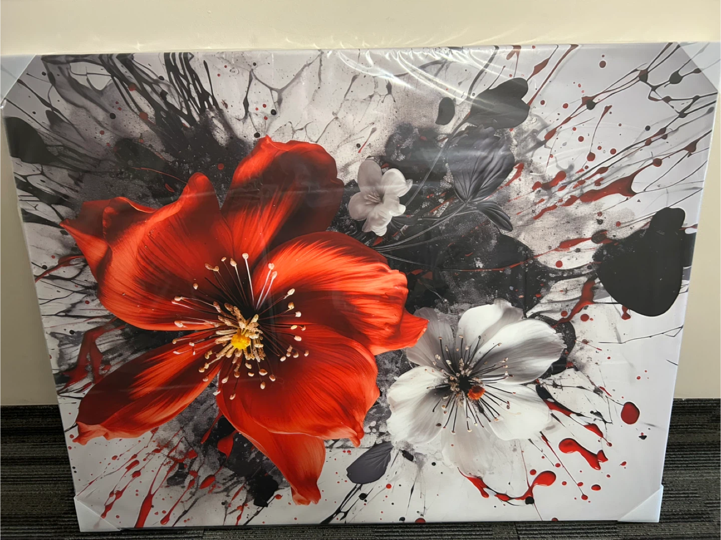 Large 44” Floral - BOLD Red & White Splash Canvas Wall Art - photo 3