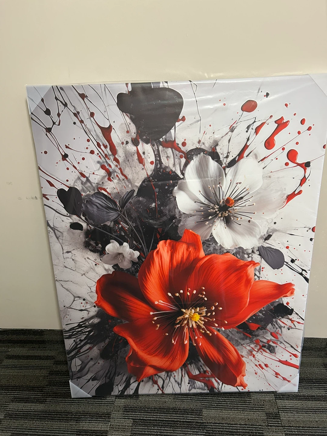 Large 44” Floral - BOLD Red & White Splash Canvas Wall Art - photo 4