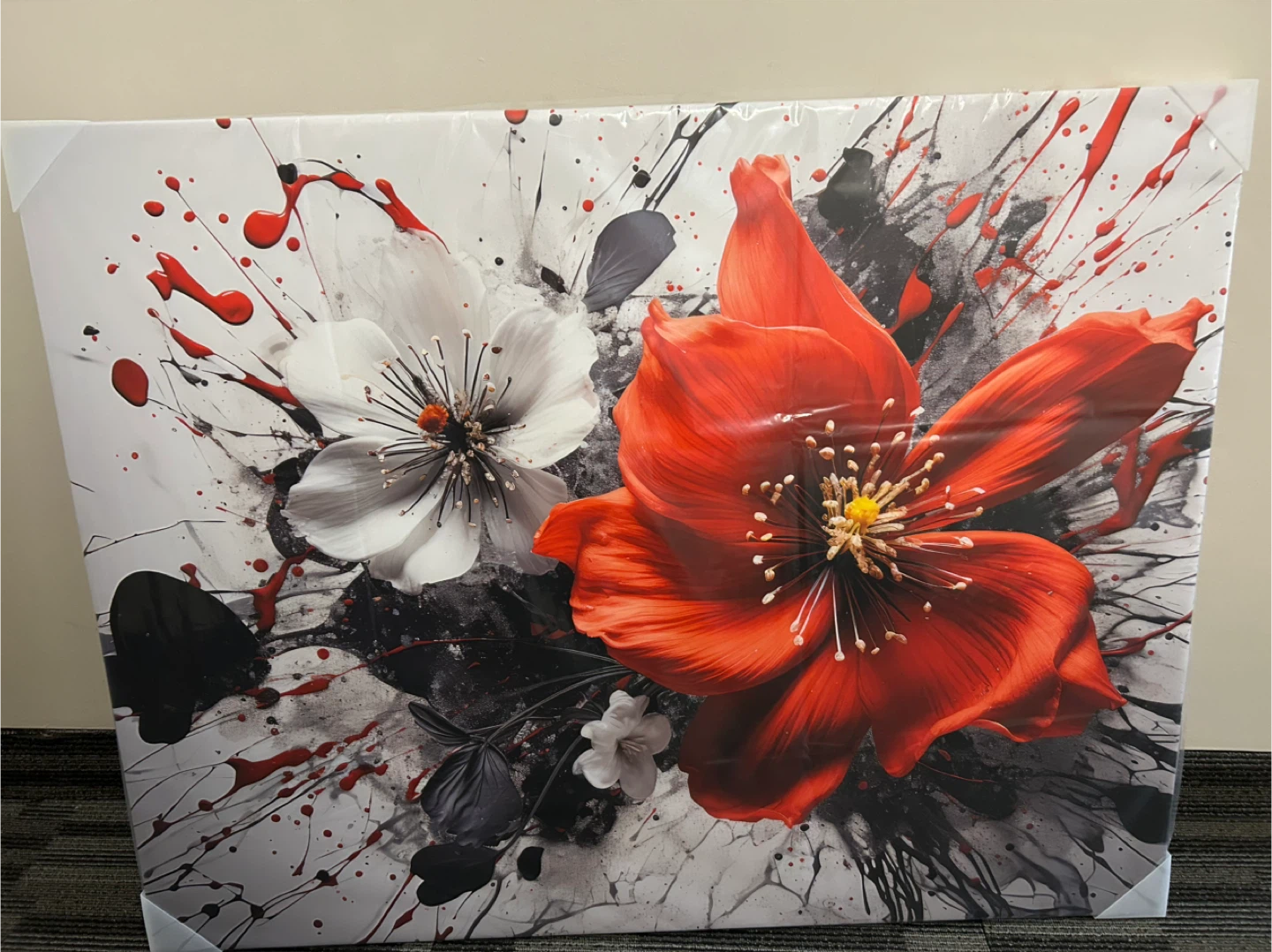 Large 44” Floral - BOLD Red & White Splash Canvas Wall Art