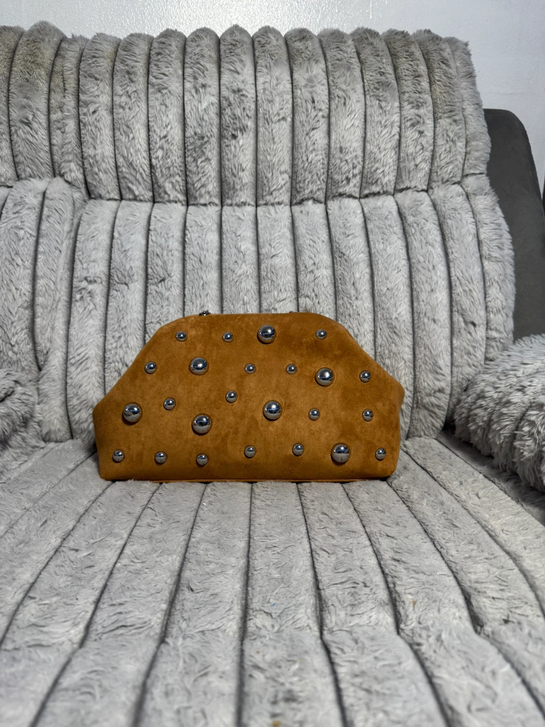 Brown Suede Studded Clutch with Silver Chain