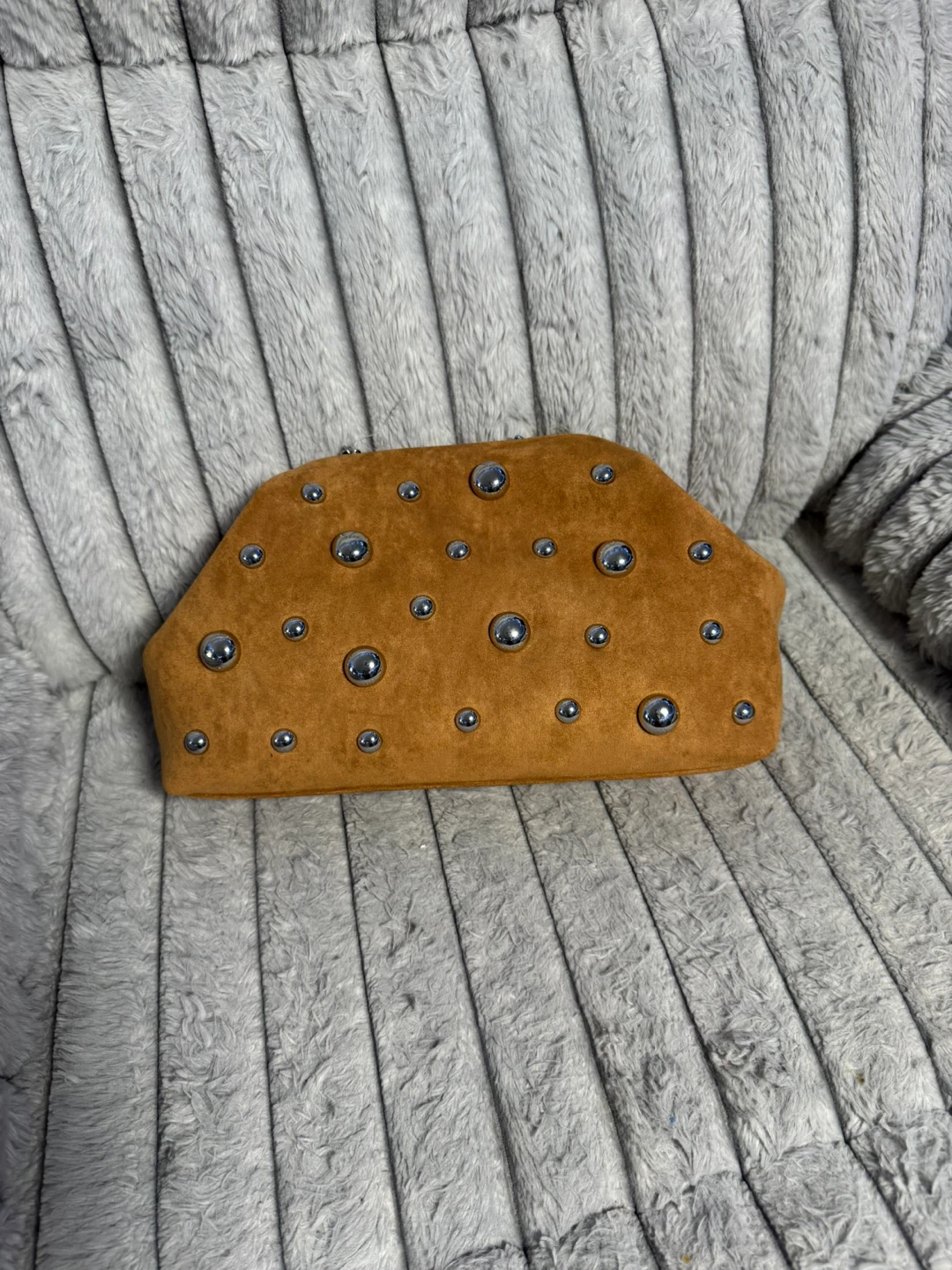 Brown Suede Studded Clutch with Silver Chain - photo 5