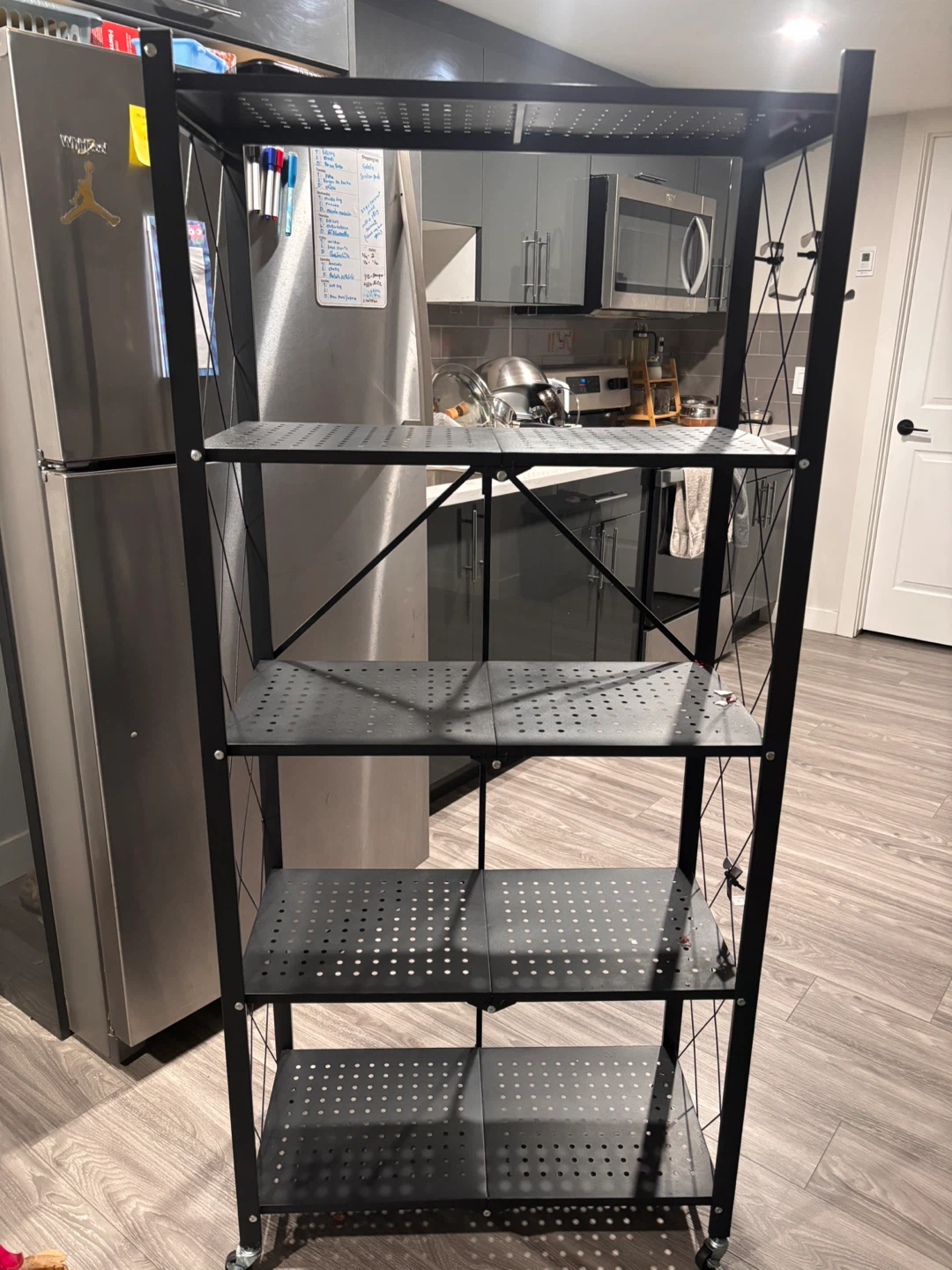 Black Metal 5-Tier Folding Shelf Unit with Wheels - photo 3
