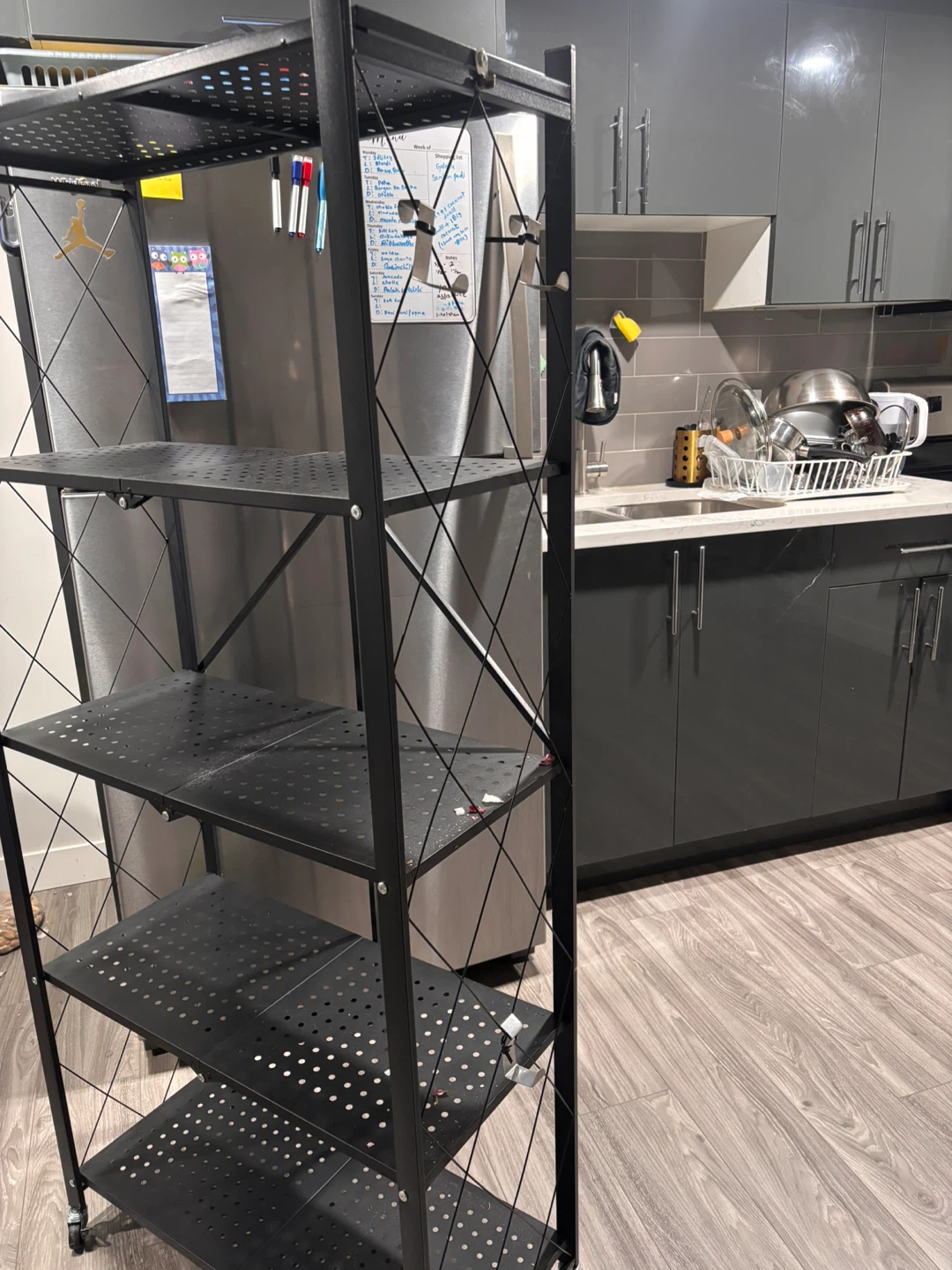 Black Metal 5-Tier Folding Shelf Unit with Wheels - photo 4