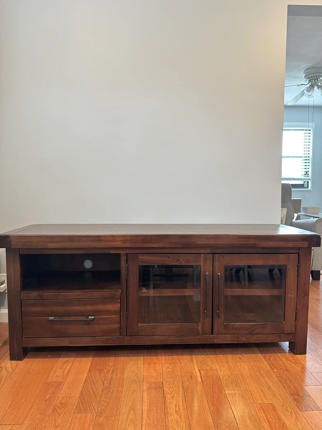 Dark Wood TV Stand with Glass Doors