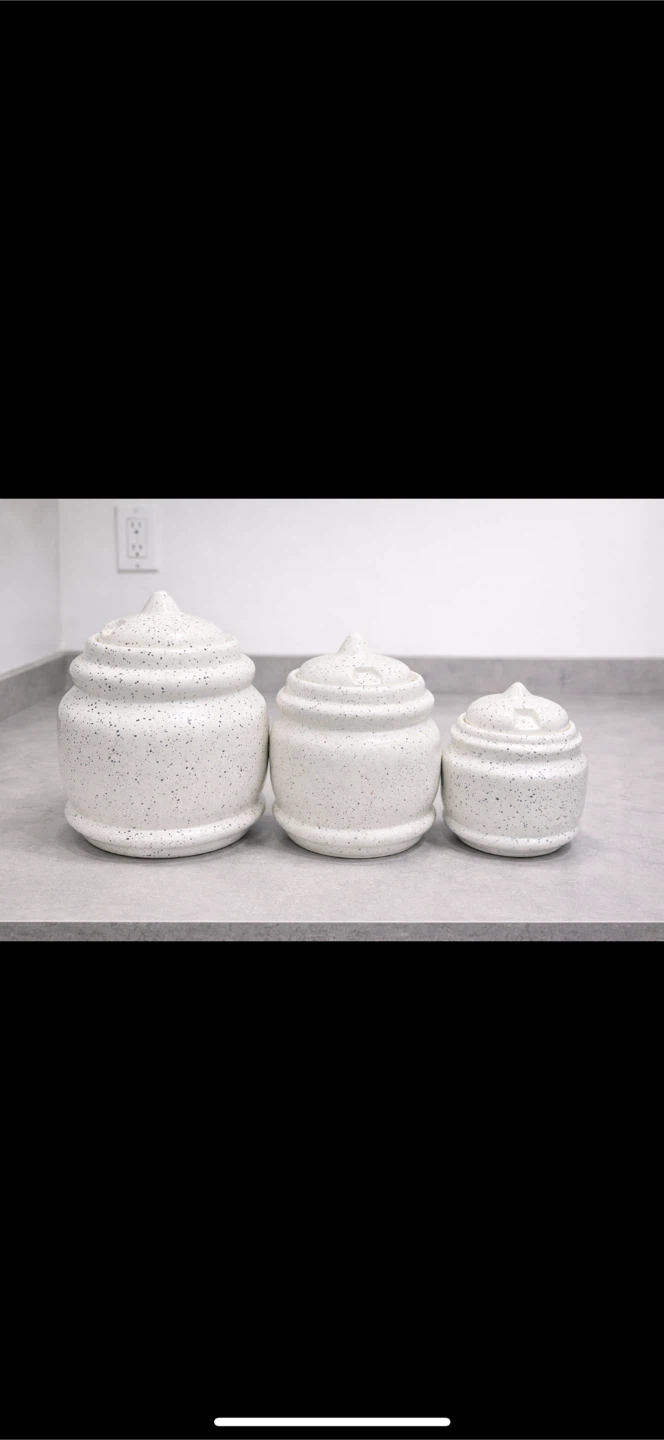Set of 3 White Speckled Ceramic Canisters
