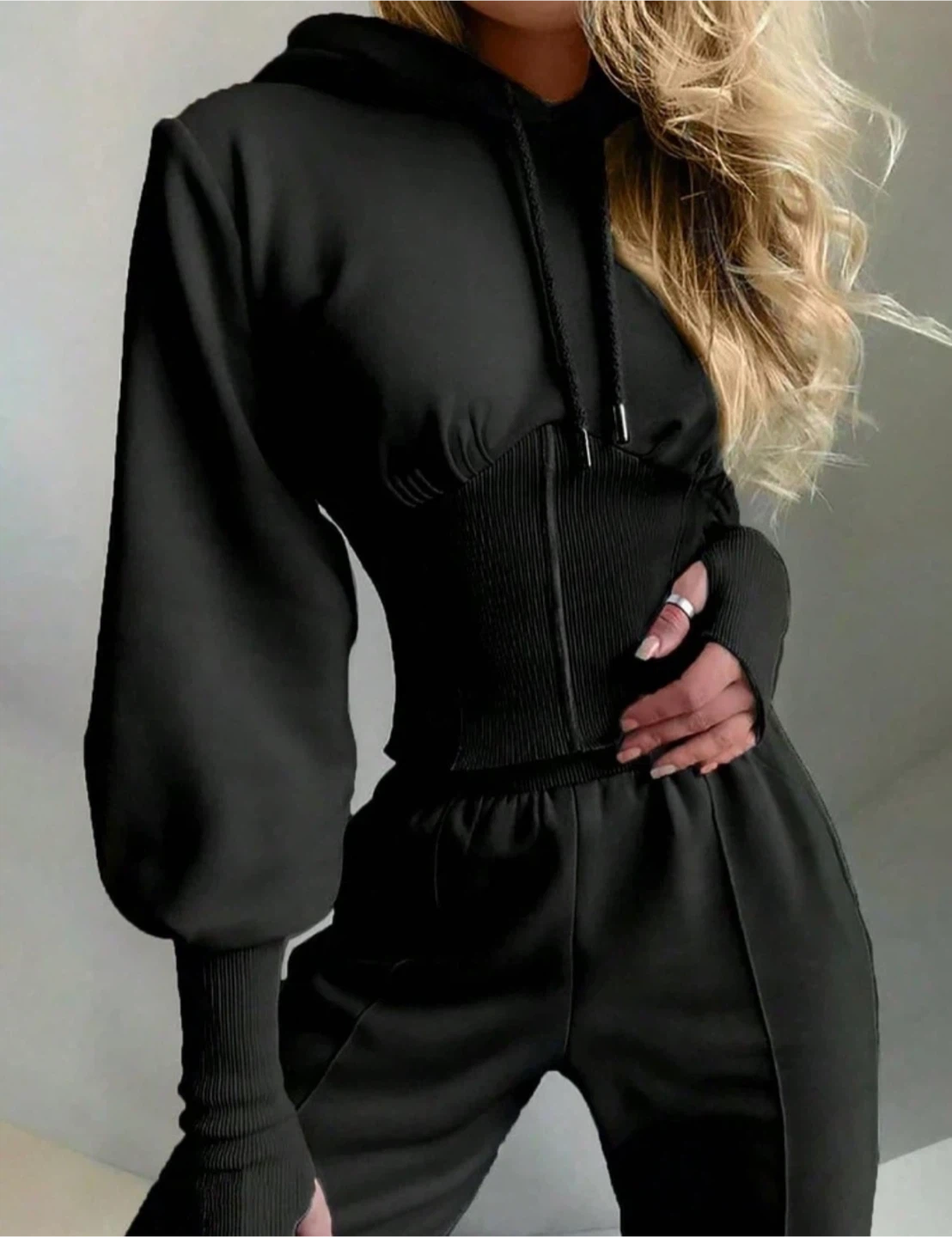 New Black 2pcs Set Corset Hoodie and Pants