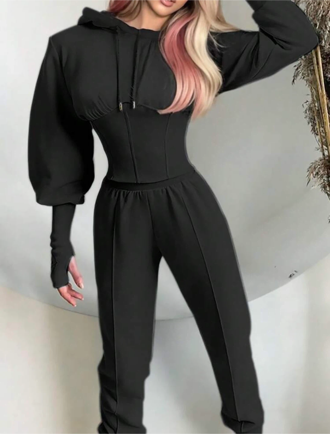 New Black 2pcs Set Corset Hoodie and Pants - photo 2