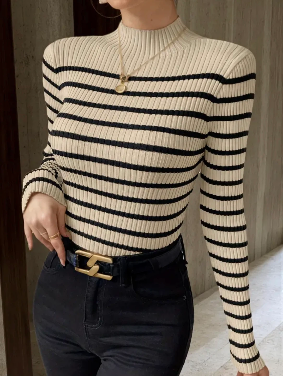 New Striped Mock Neck Long Sleeve Sweater