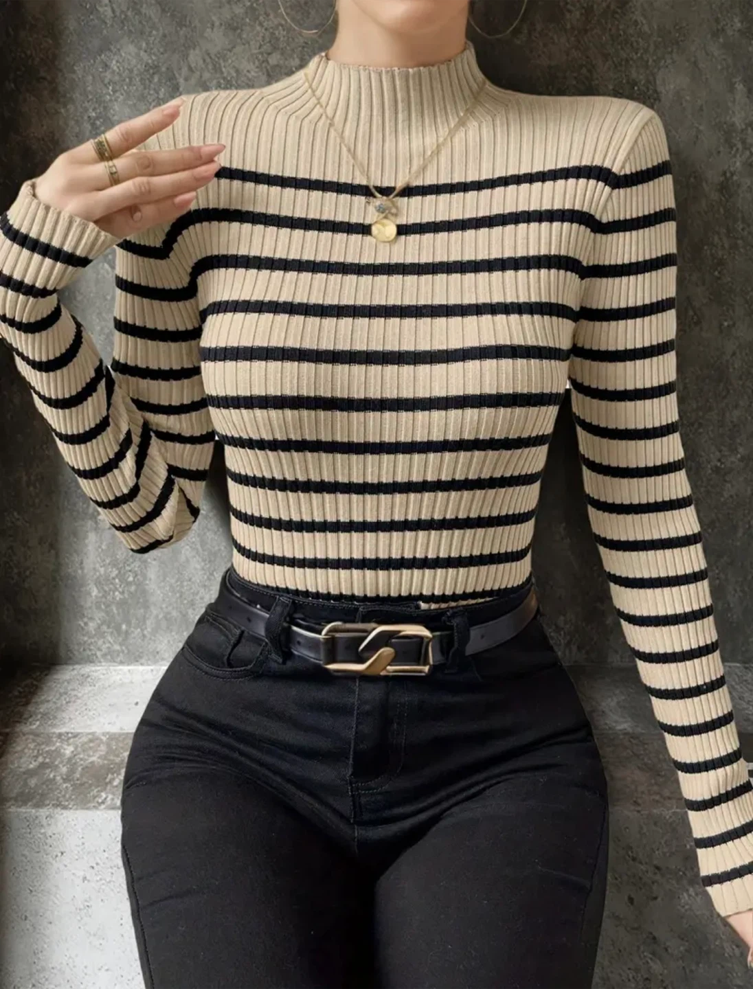 New Striped Mock Neck Long Sleeve Sweater - photo 3