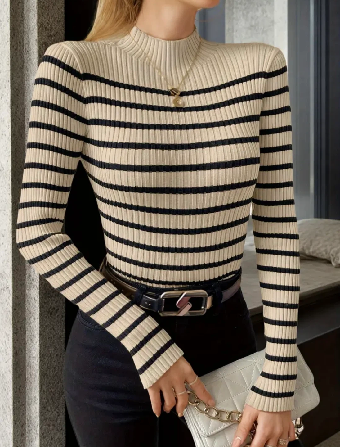 New Striped Mock Neck Long Sleeve Sweater - photo 4