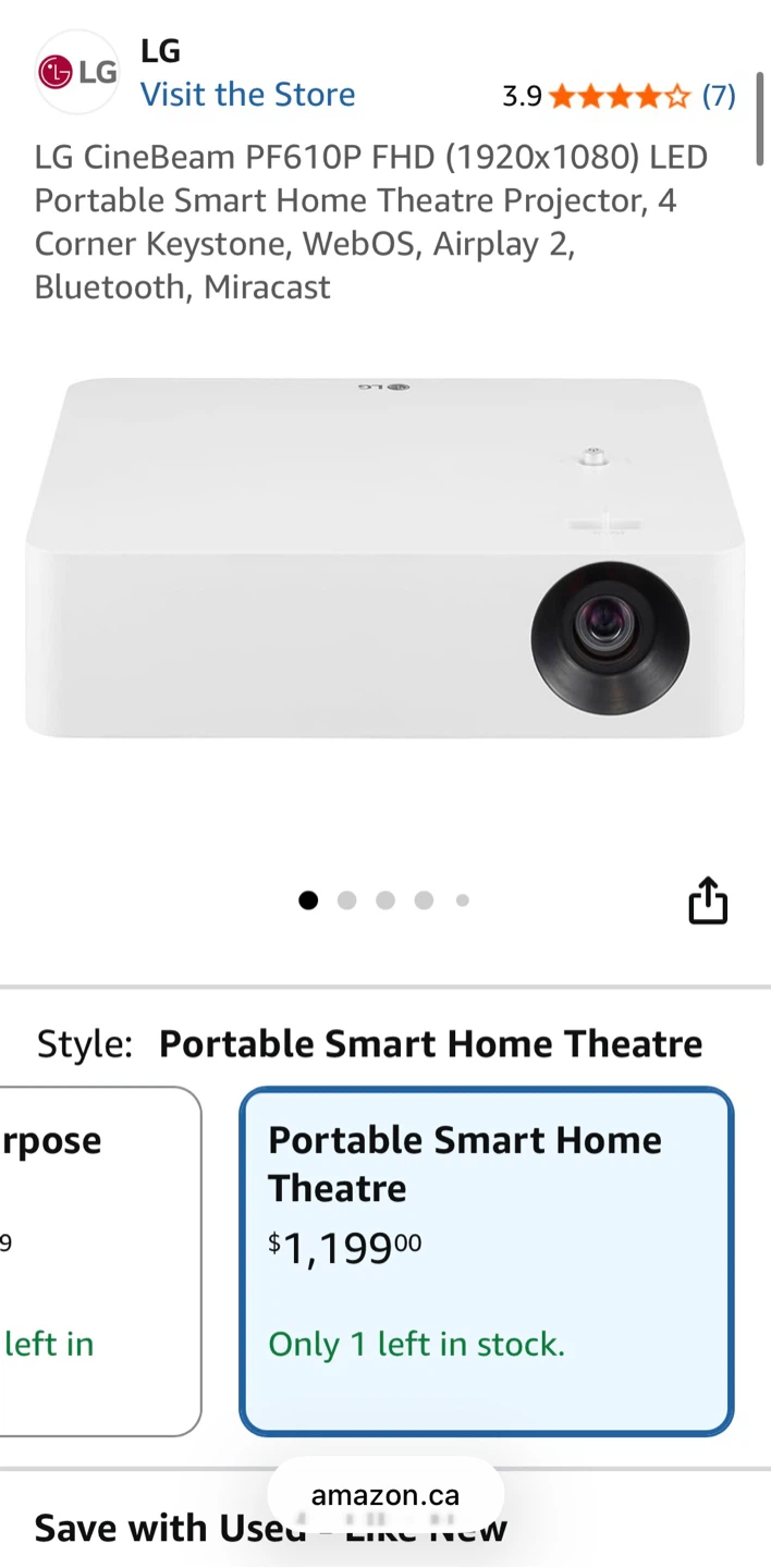 LG CineBeam PF610P FHD Portable Smart Home Theatre Projector - photo 2