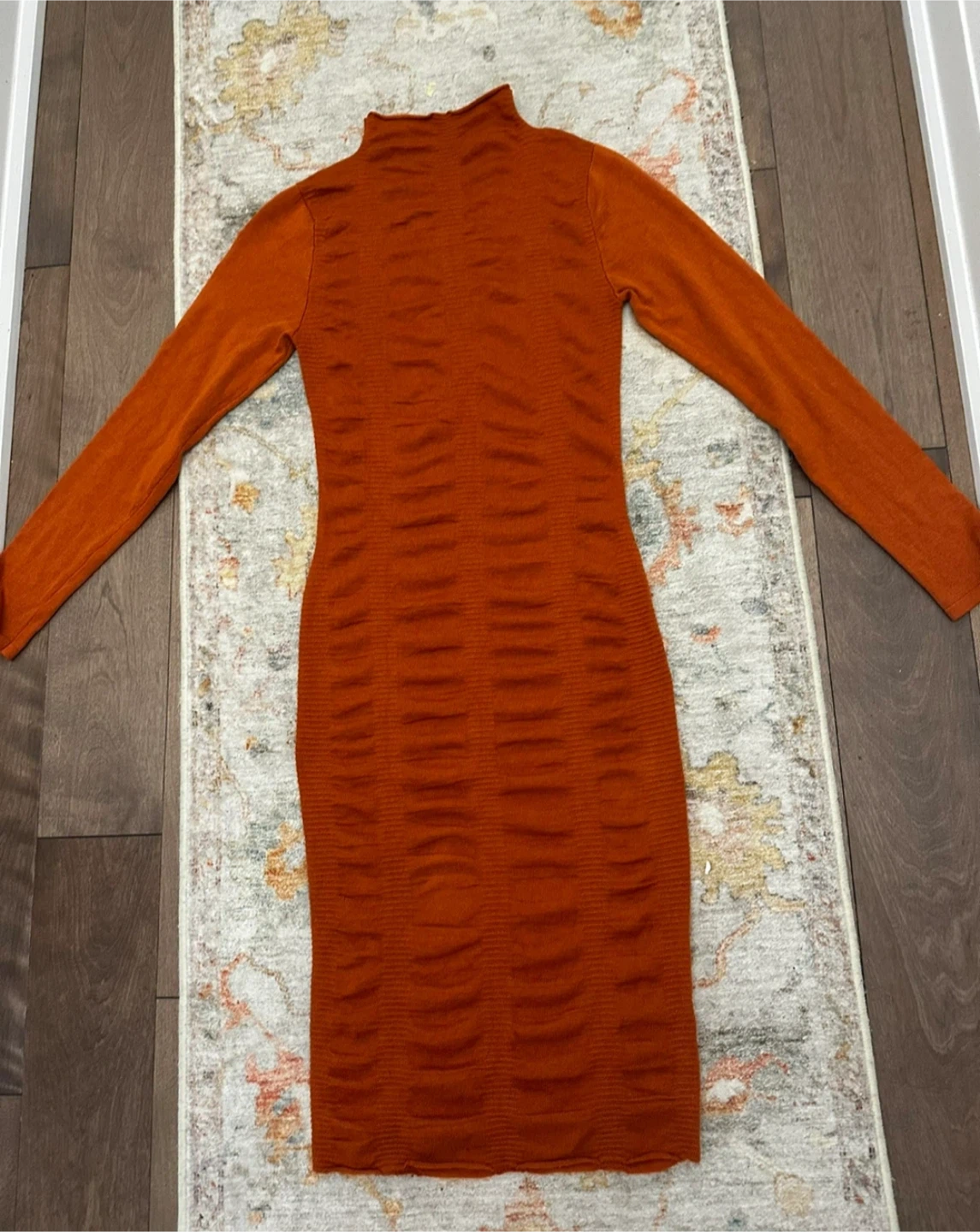 Rust Orange Mock Neck Long Sleeve Ruched Bodycon Dress - photo 2