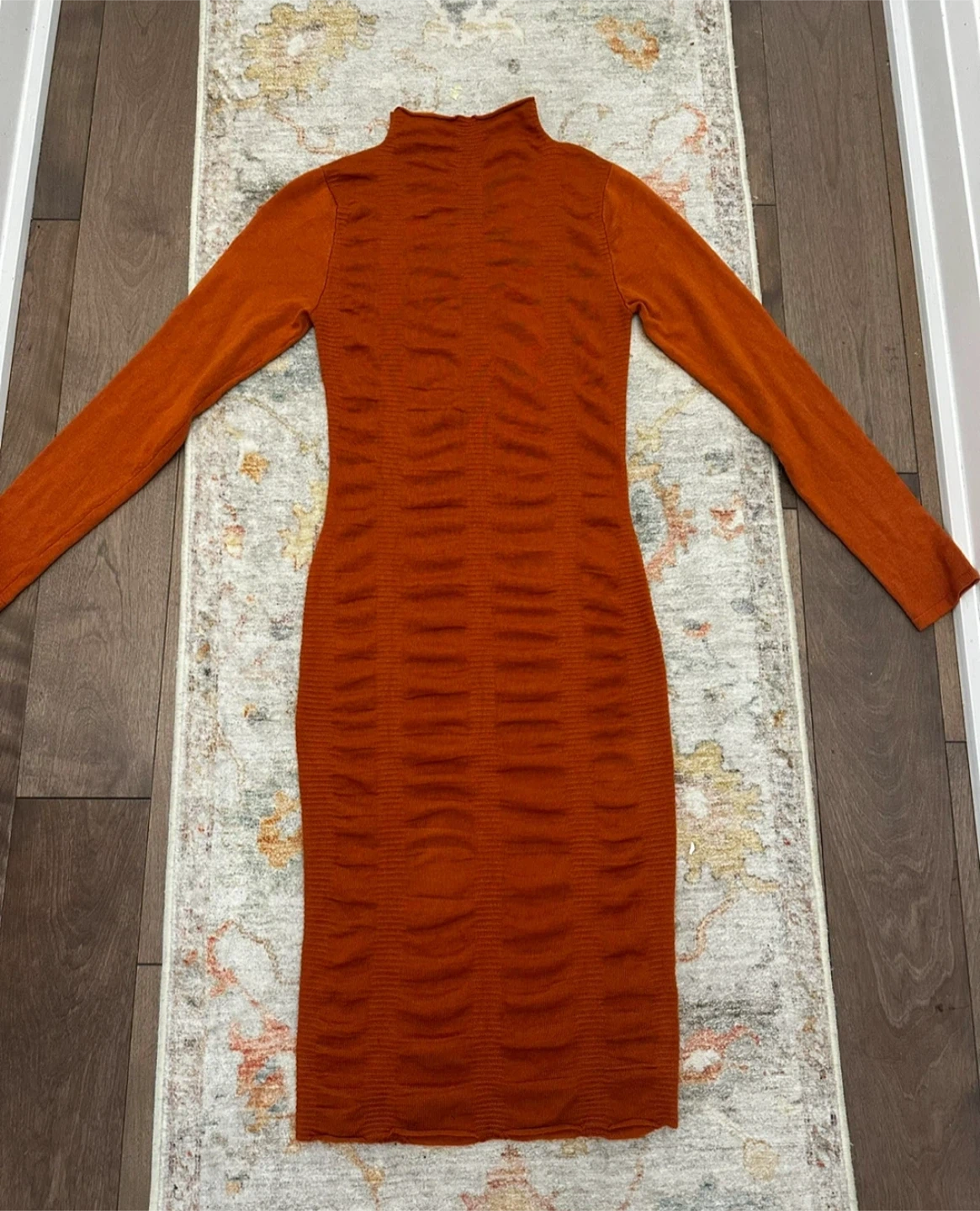 Rust Orange Mock Neck Long Sleeve Ruched Bodycon Dress