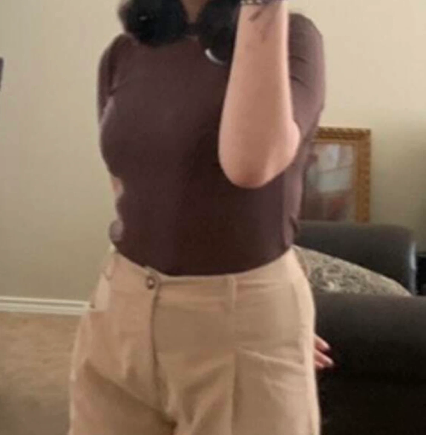 SHEIN BASICS Mock Neck Rib-Knit Tee - Chocolate Brown - XS - photo 5