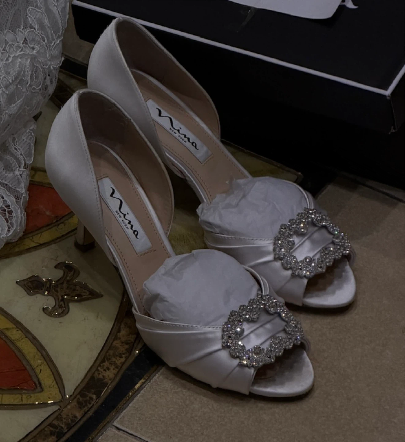 White Satin Embellished Heels / size 6.5