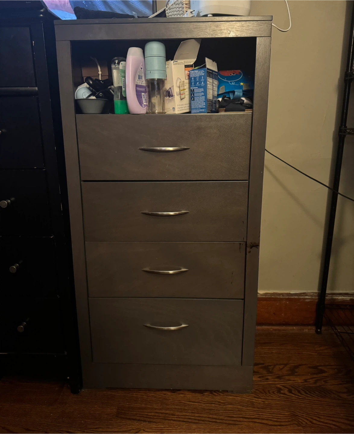 Dark Gray 4-Drawer Dresser with Top Shelf