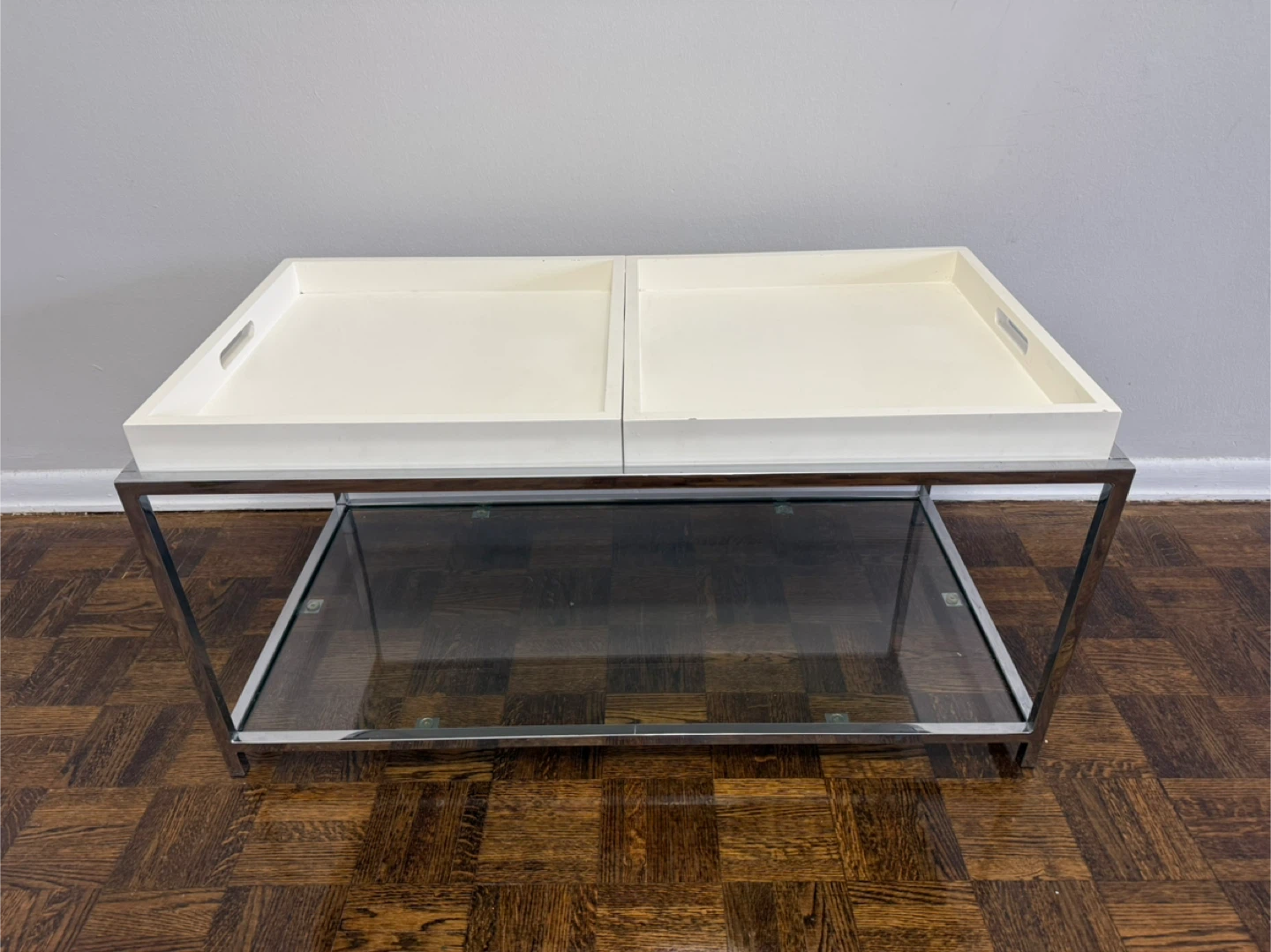 Chrome and Glass Coffee Table with White Trays