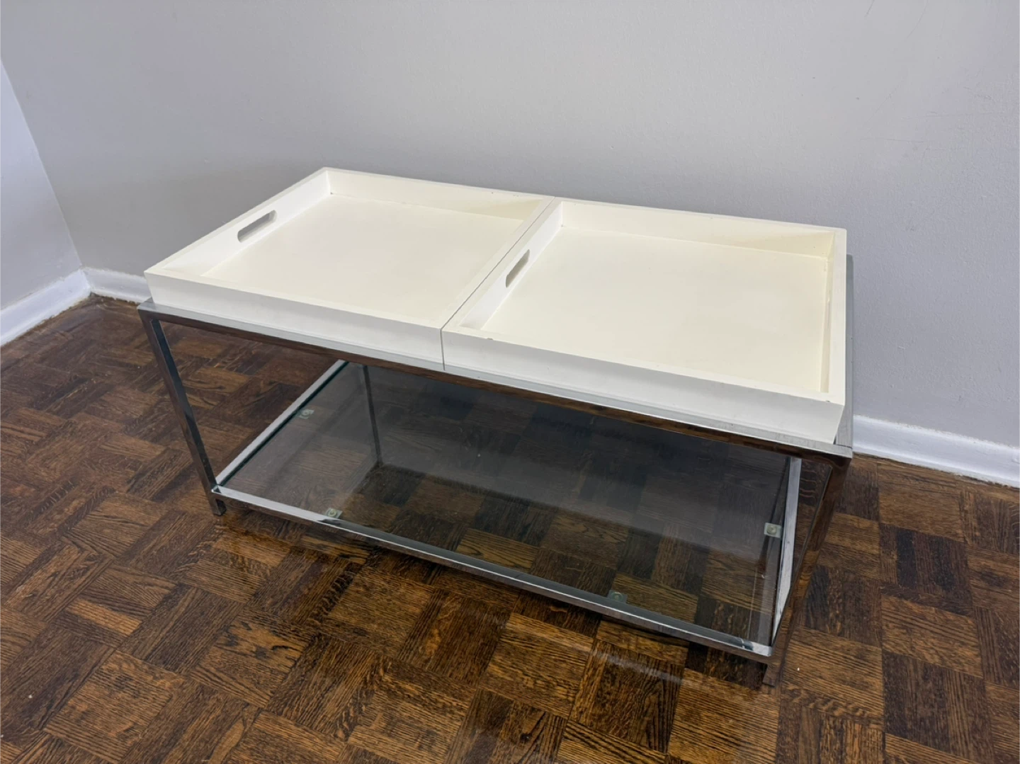 Chrome and Glass Coffee Table with White Trays - photo 2