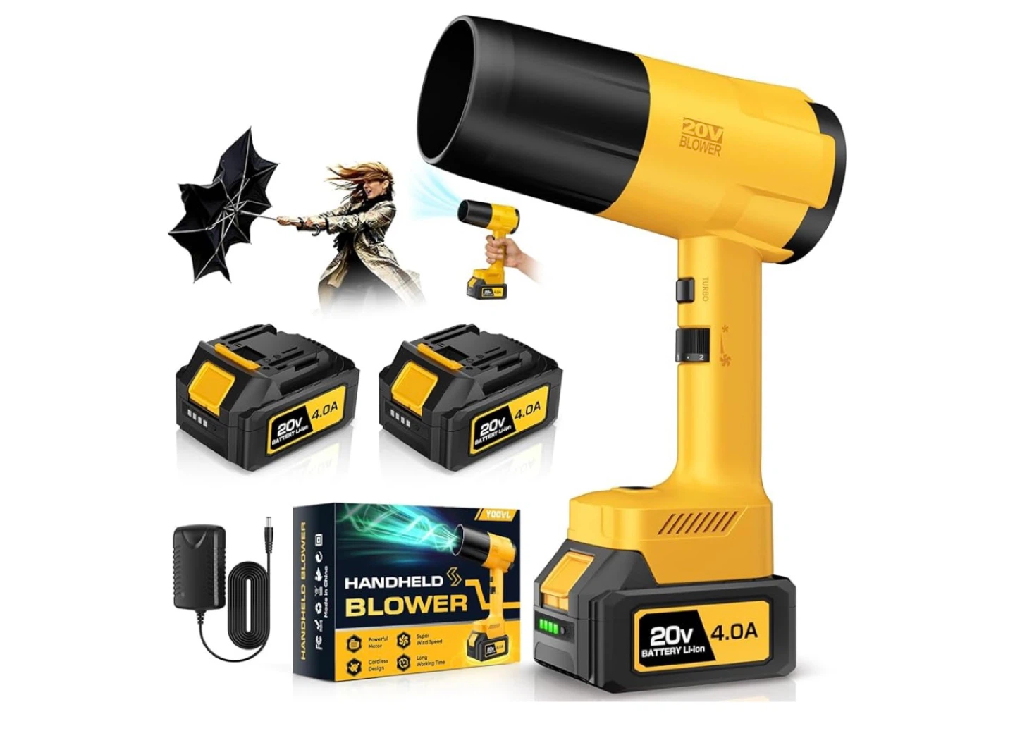 20V Cordless Handheld Leaf Blower with 2x 4.0A Batteries
