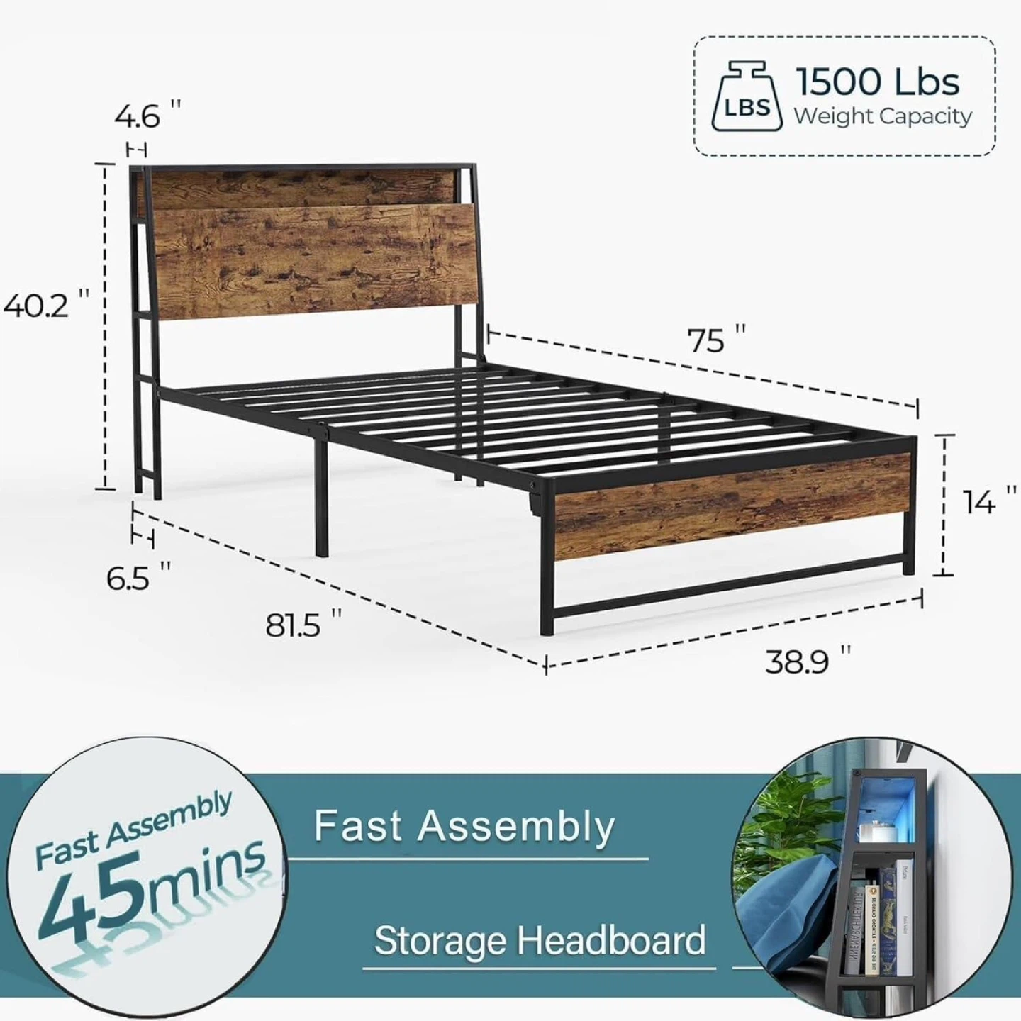 Bed Frame with Storage headboard- Rustic Brown - Twin Size - photo 3
