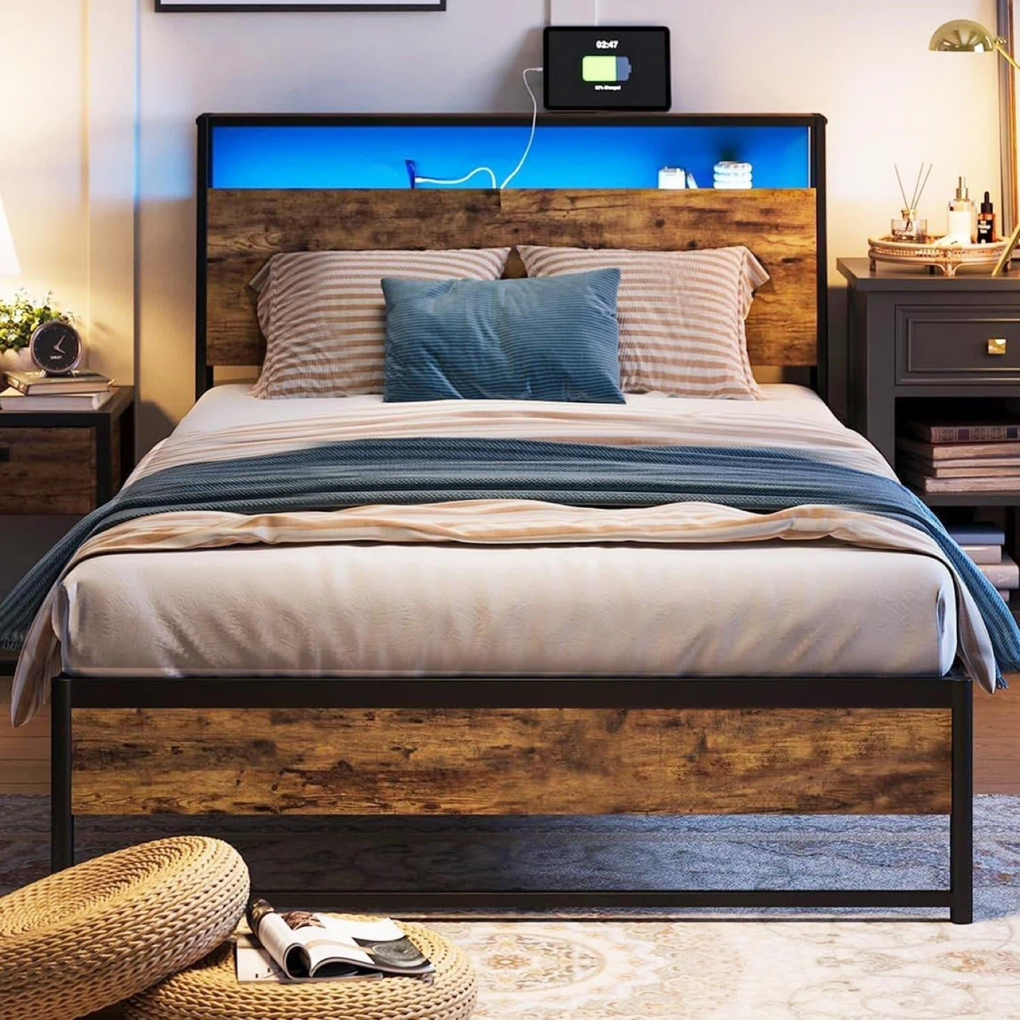 Bed Frame with Storage headboard- Rustic Brown - Twin Size