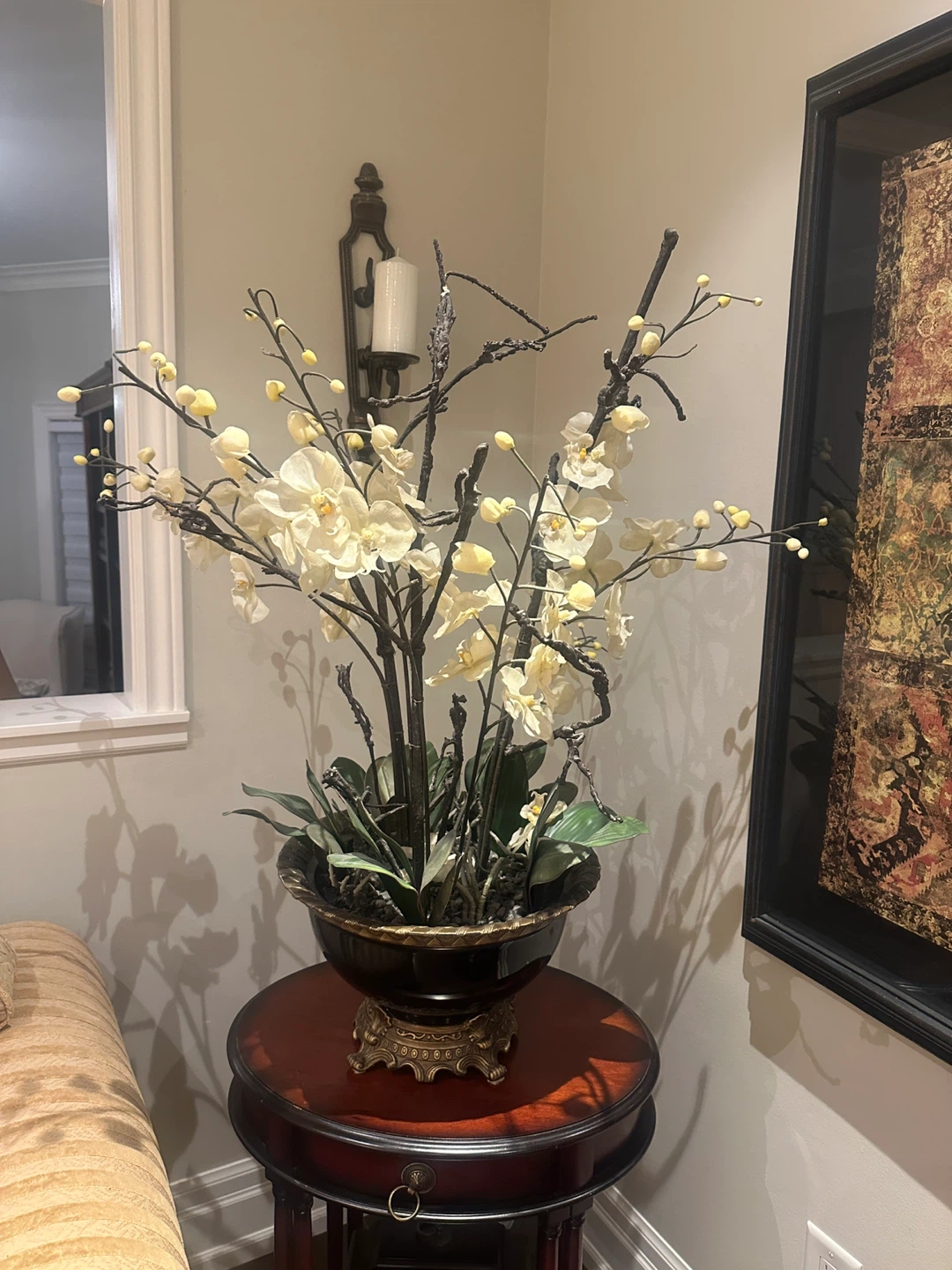 Artificial White Orchid Arrangement with Black Branches