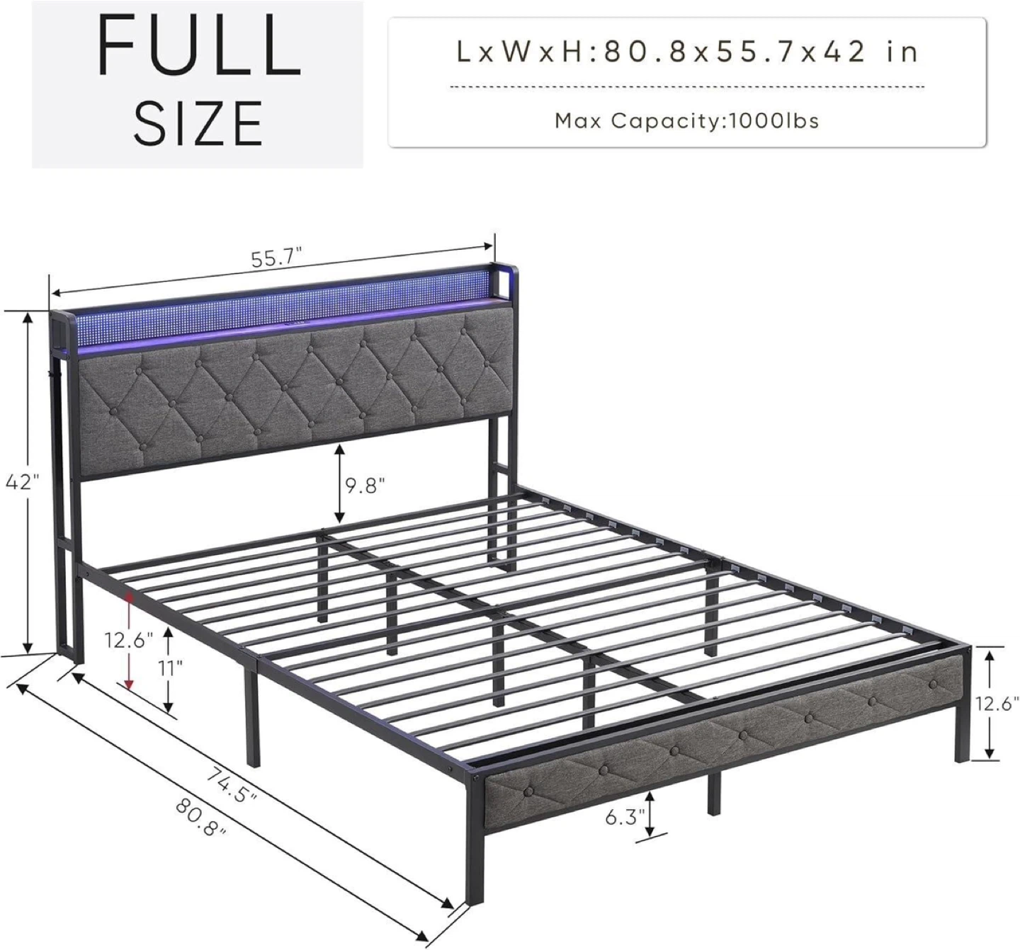 Full Size Bed Frame with Headboard and LED Lights - photo 2